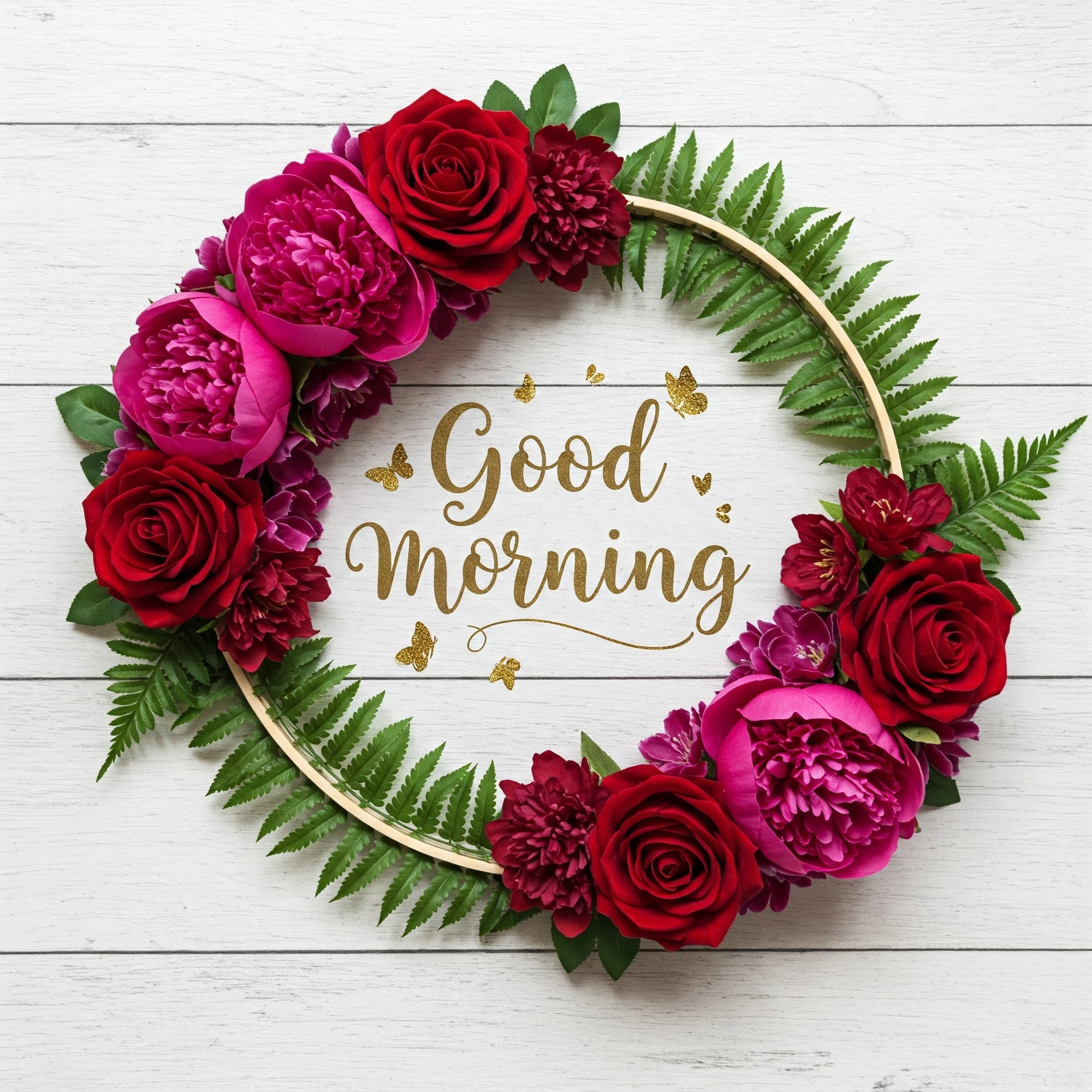 Beautiful Floral Wreath With Good Morning Text on Rustic Wooden Background
