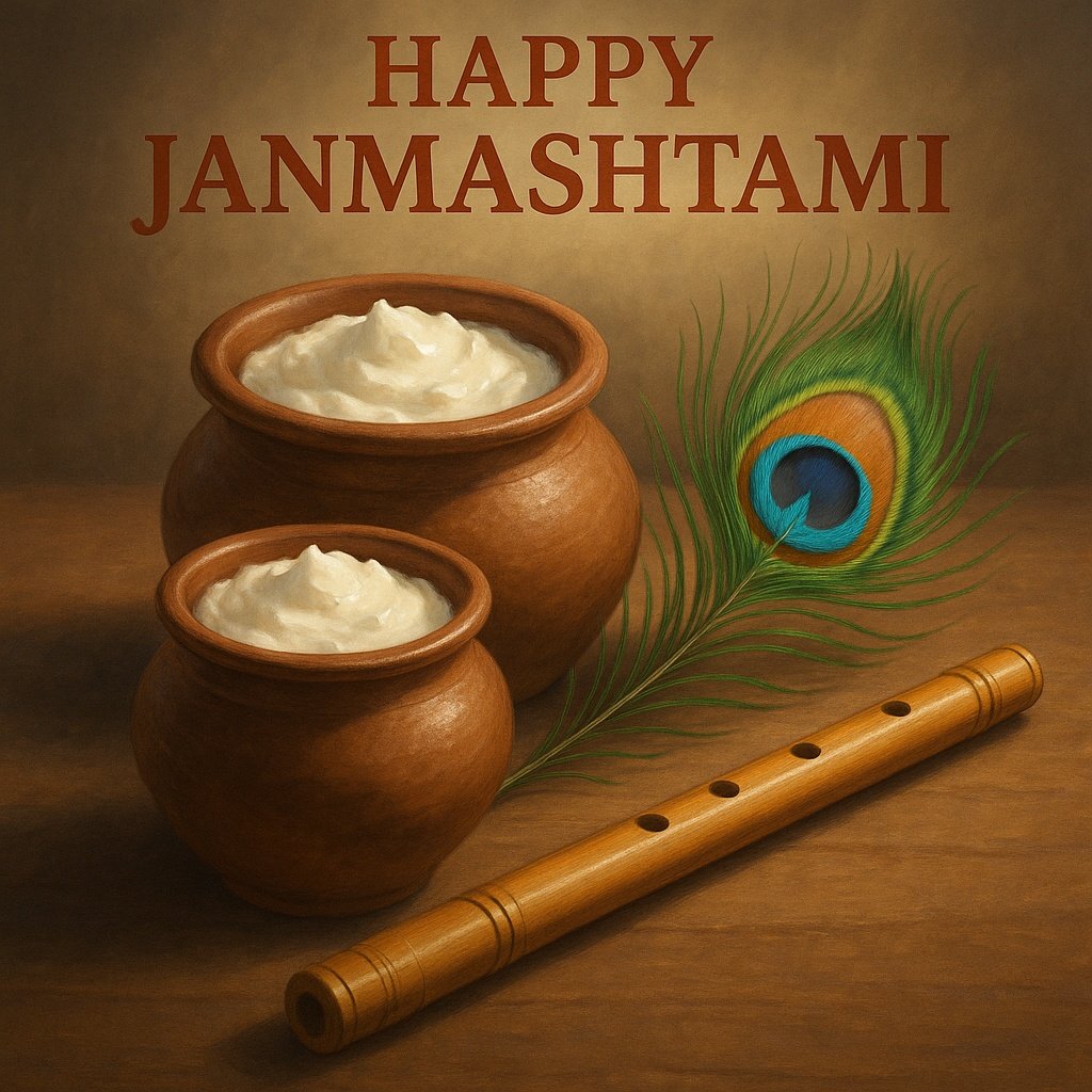 Beautiful Janmashtami Celebration with Pottery, Flute, and Peacock Feather Art