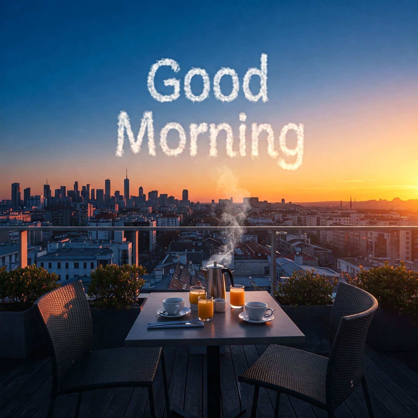 Beautiful Sunrise Breakfast on Balcony with Cityscape and Good Morning Text