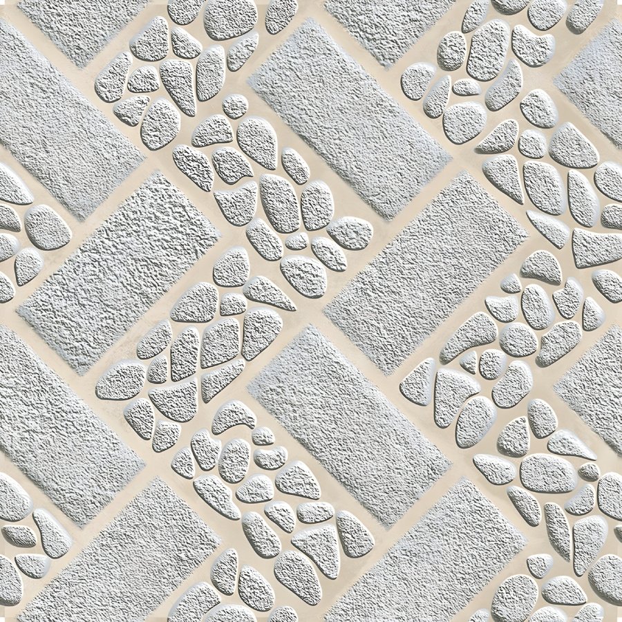 Beige and White Embossed Brick and Pebble Tile