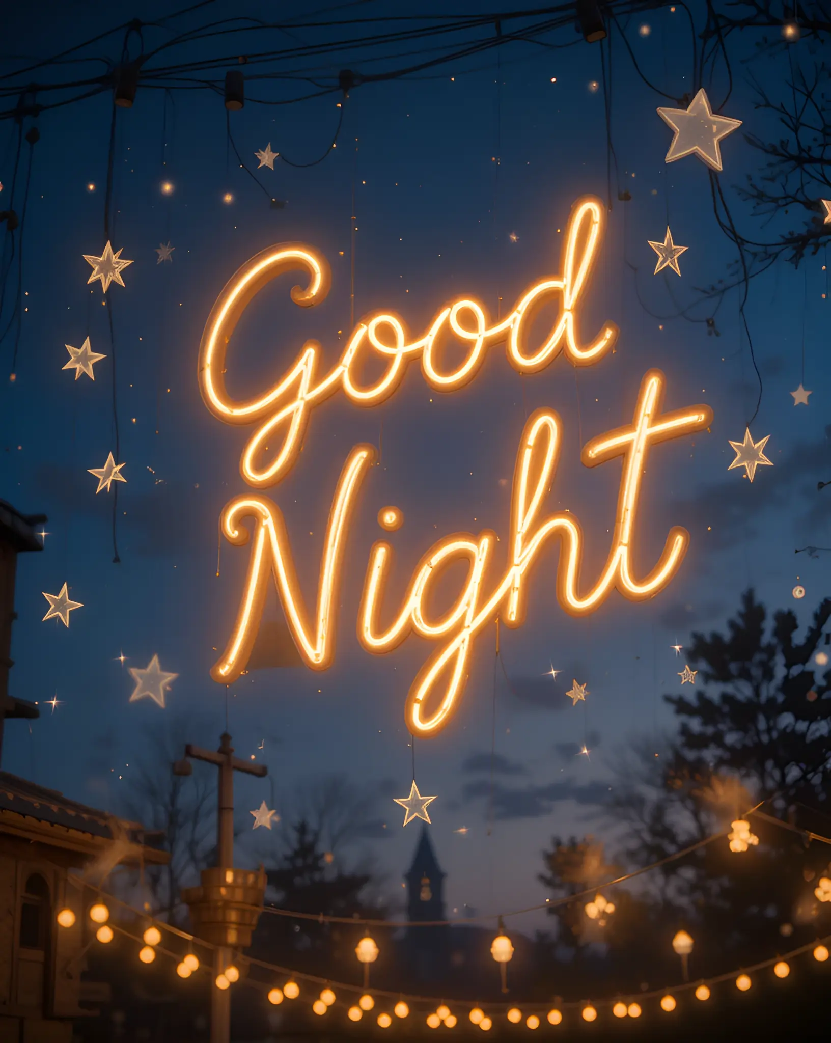 Illuminated Good Night Sign With Stars and Decorations at Night