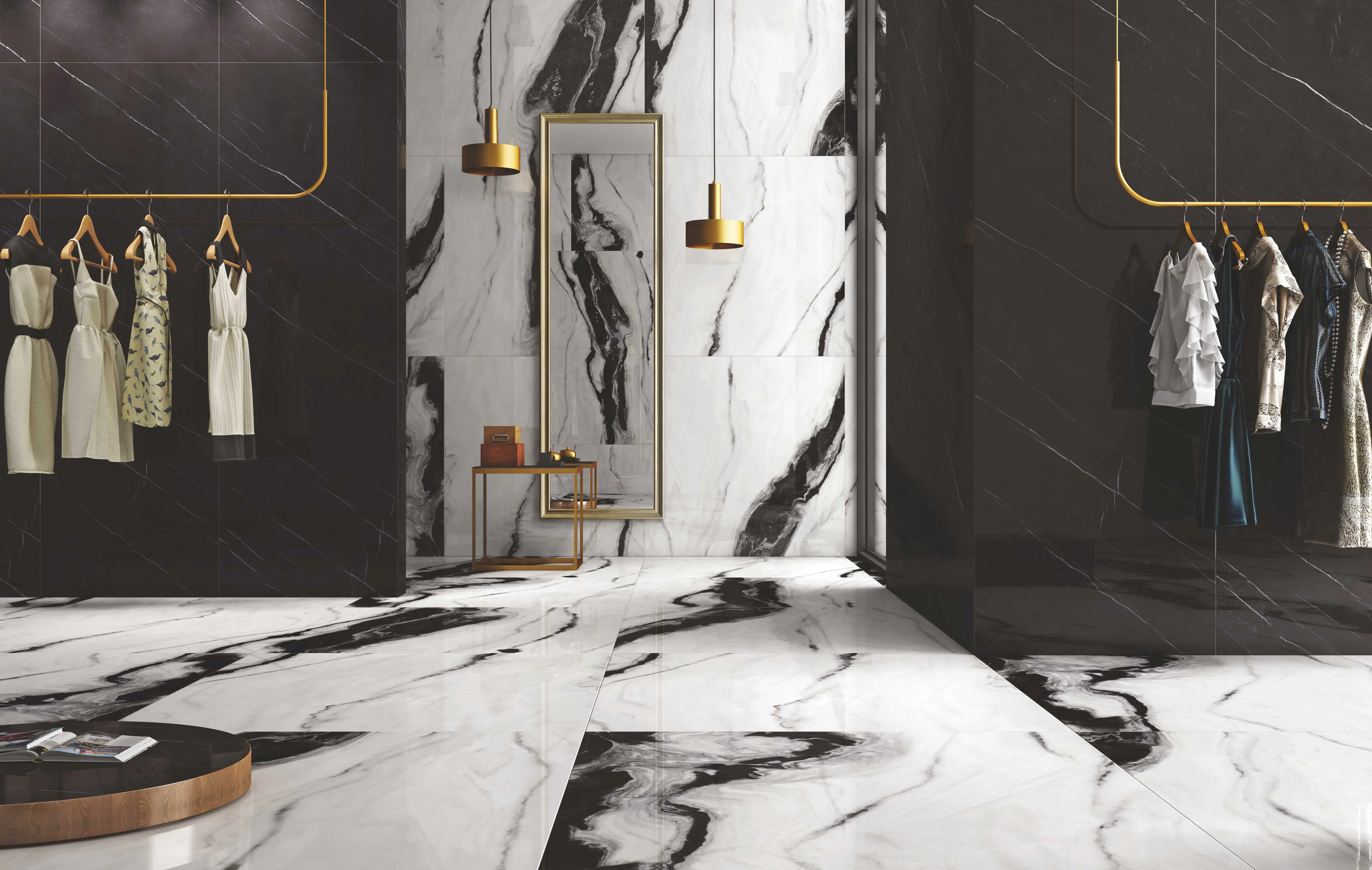 Black and White Marble-Effect Vitrified Tiles in a Boutique