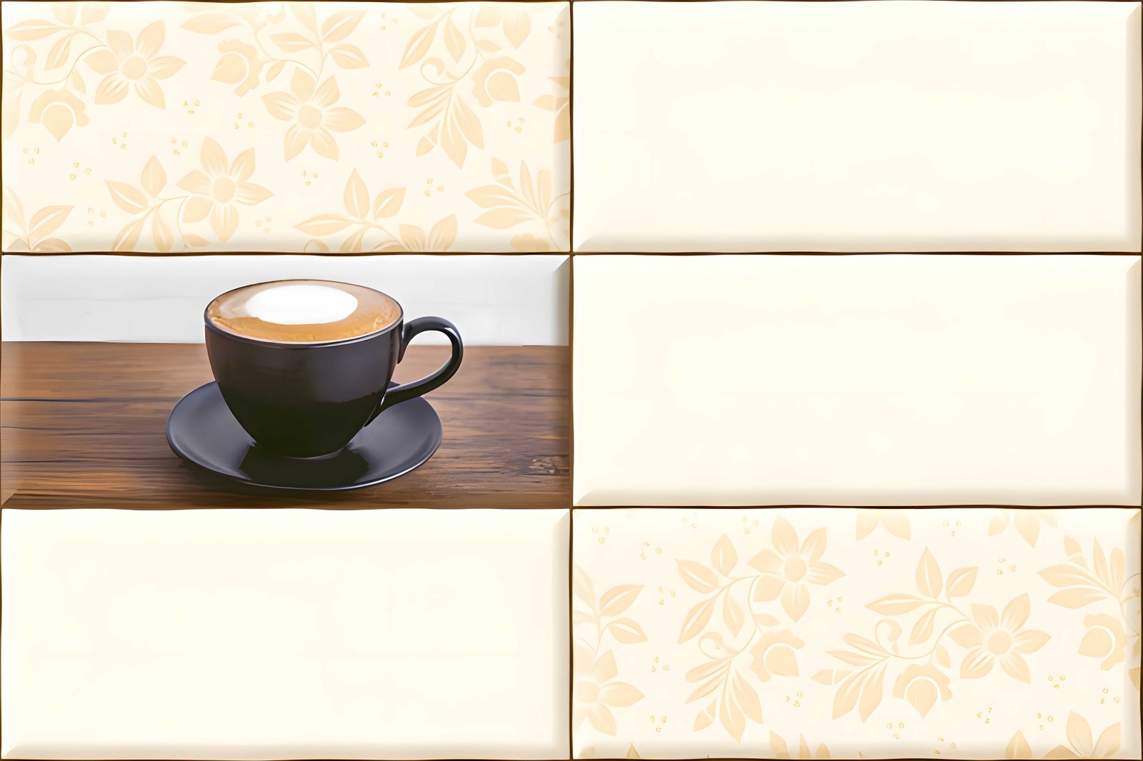 Black Coffee Cup On Wooden Table With Cream Floral Tiles In Cozy Kitchen Scene