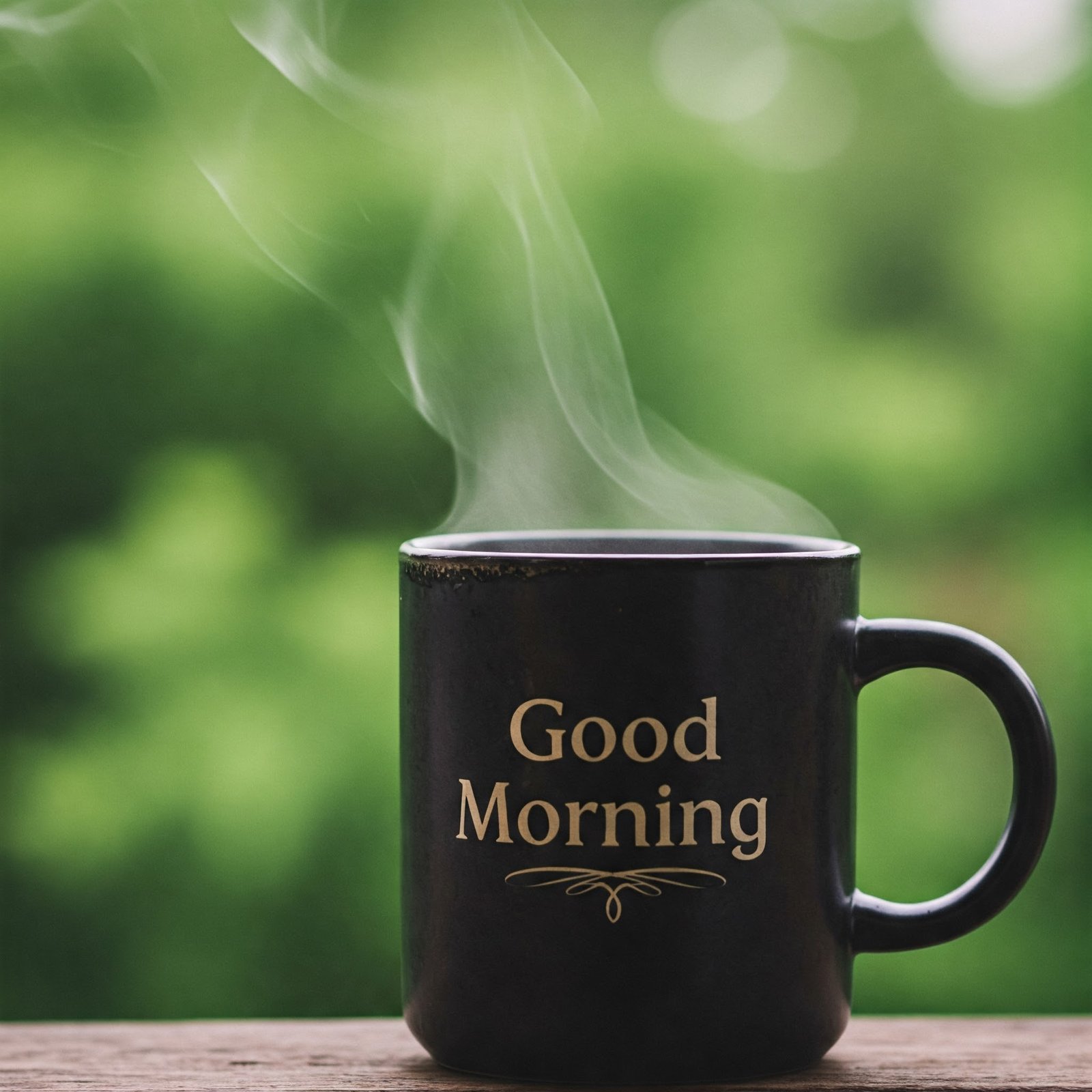 Black Coffee Mug with Steam and Good Morning Text in a Green Setting