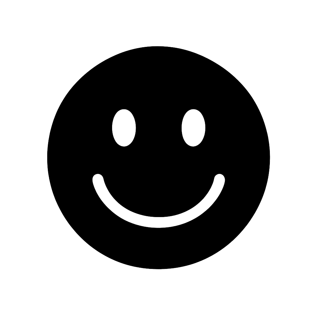 Black Flat Smiley Face Icon on Transparent Background