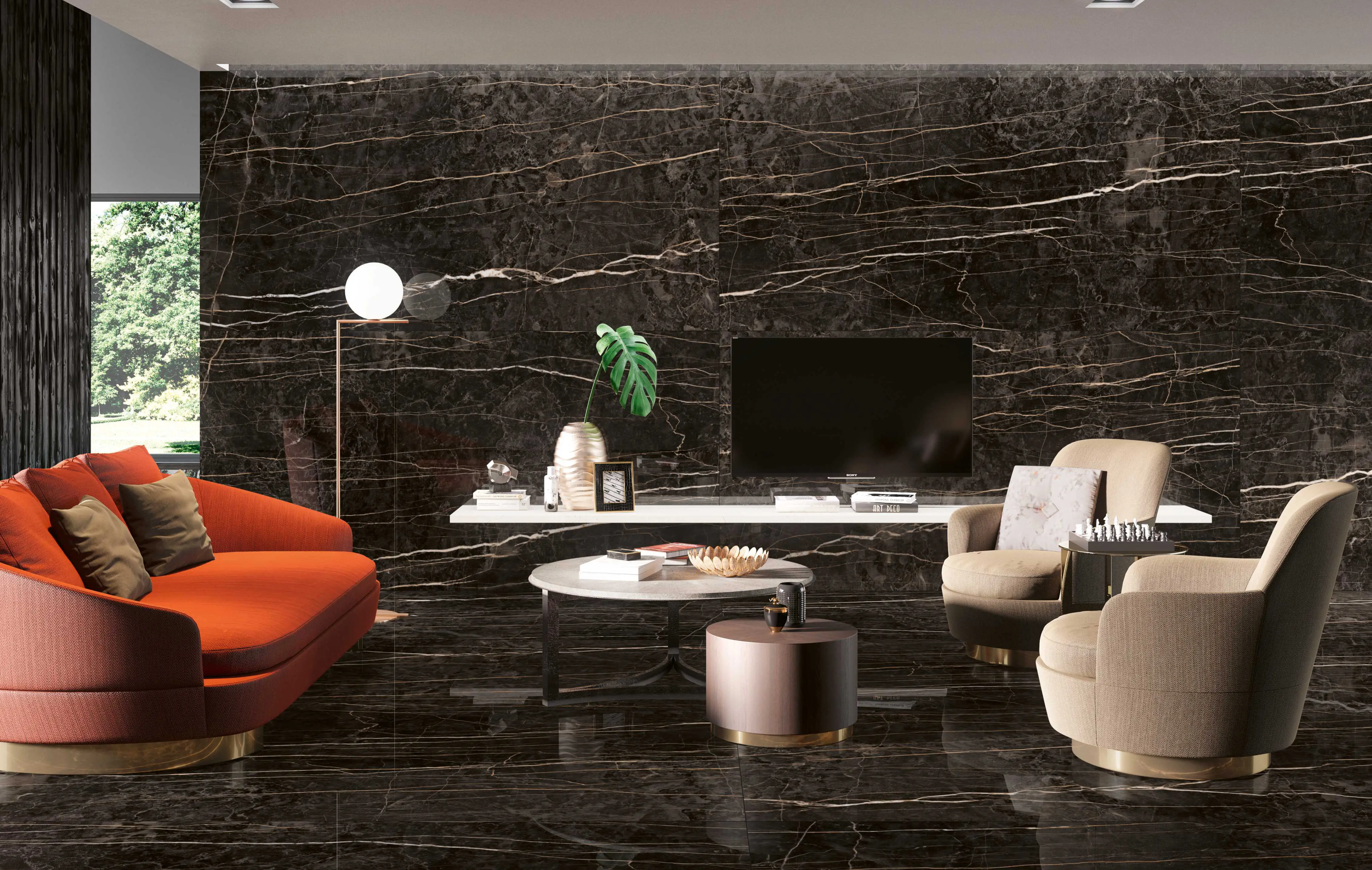 Black Marble Living Room with Orange Sofa - Colonial Black