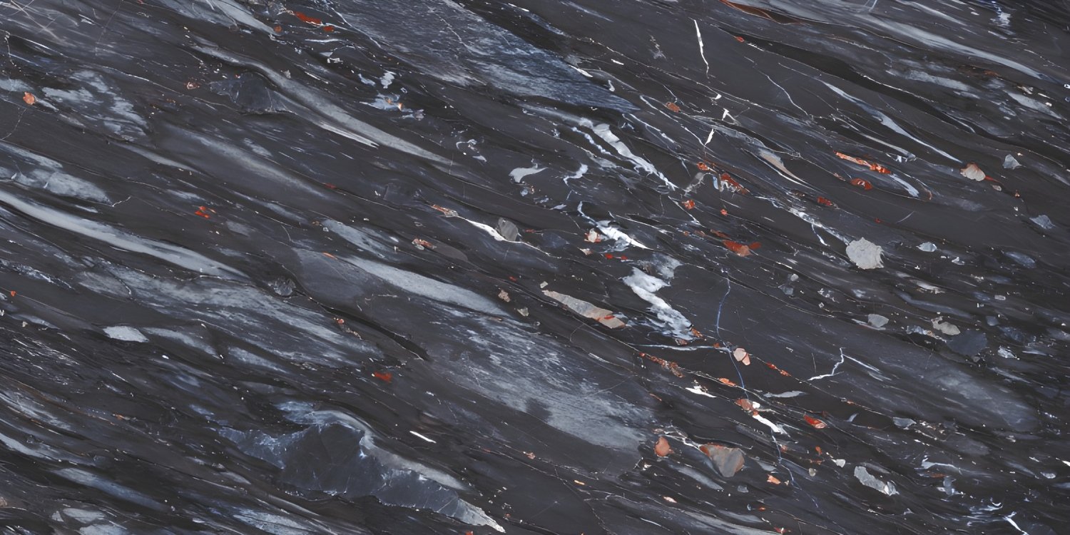 Black Marble with Diagonal White and Red Veins