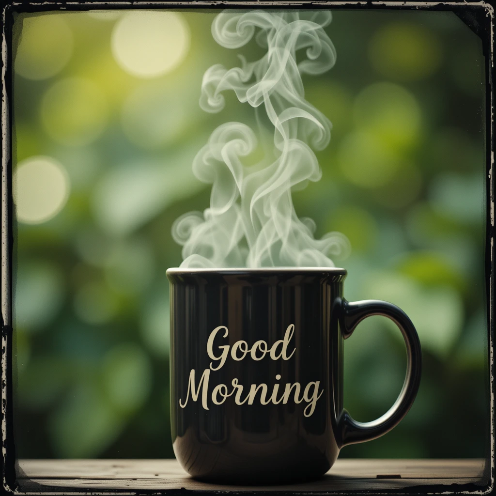 Black Mug With Steam and Good Morning Text in Nature Setting