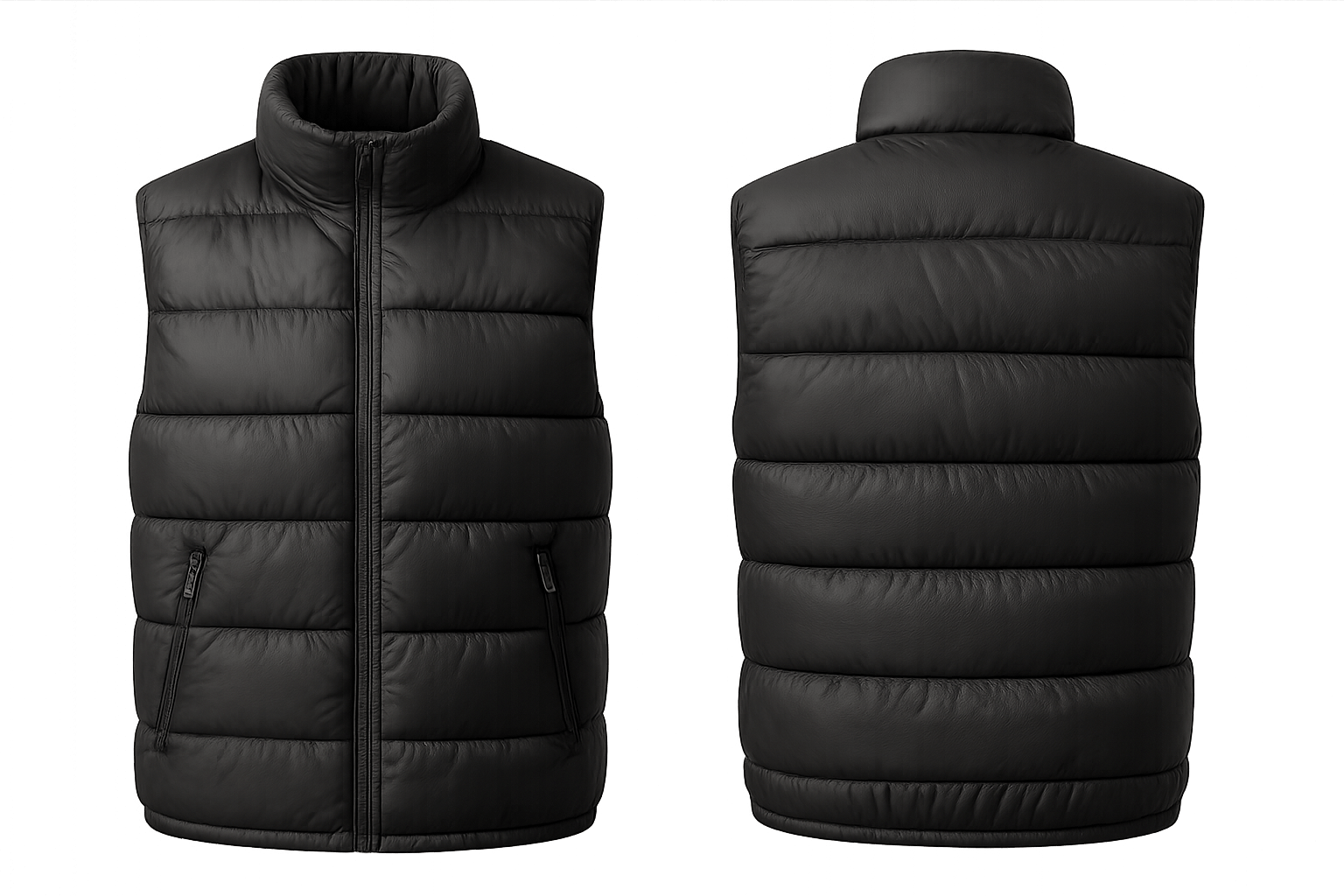 Black Puffer Vest Mockup Front Back Transparent Background