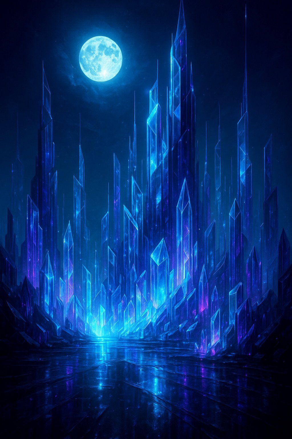 Blue Crystal City Full Moon Mobile Wallpaper