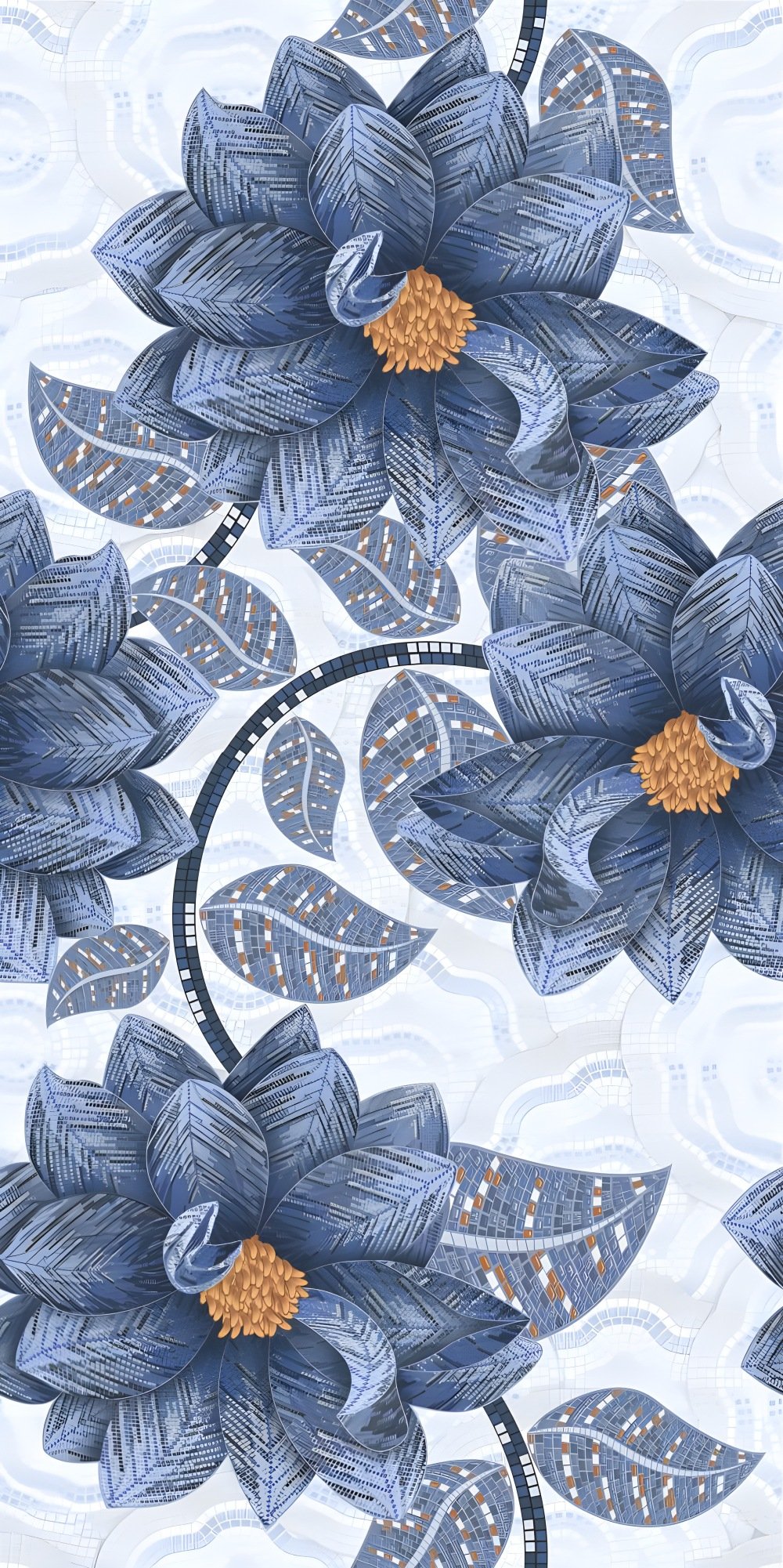 Blue Floral Mosaic Tile Wall Pattern