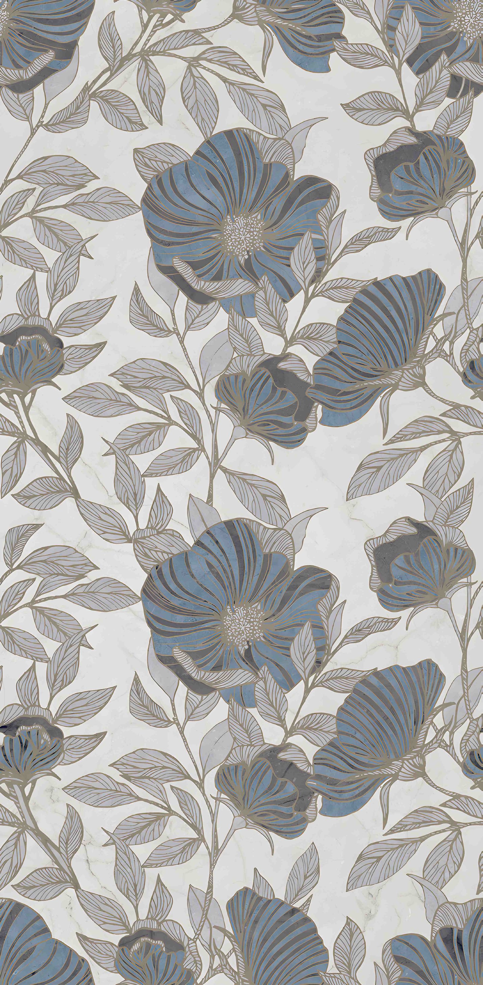 Blue Floral Pattern on White Marble Background