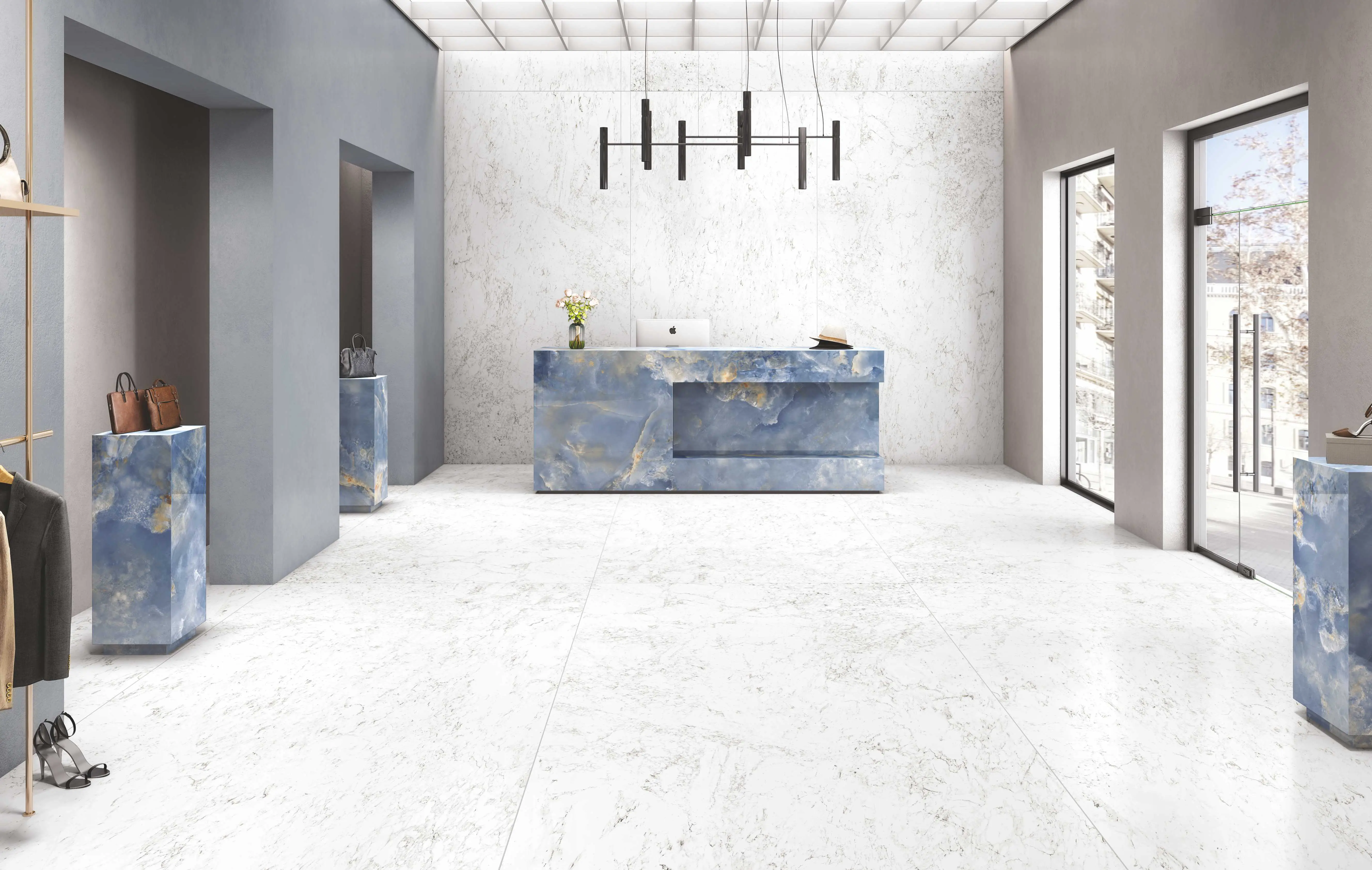 Blue Marble Countertop & White Floor Tiles Preview
