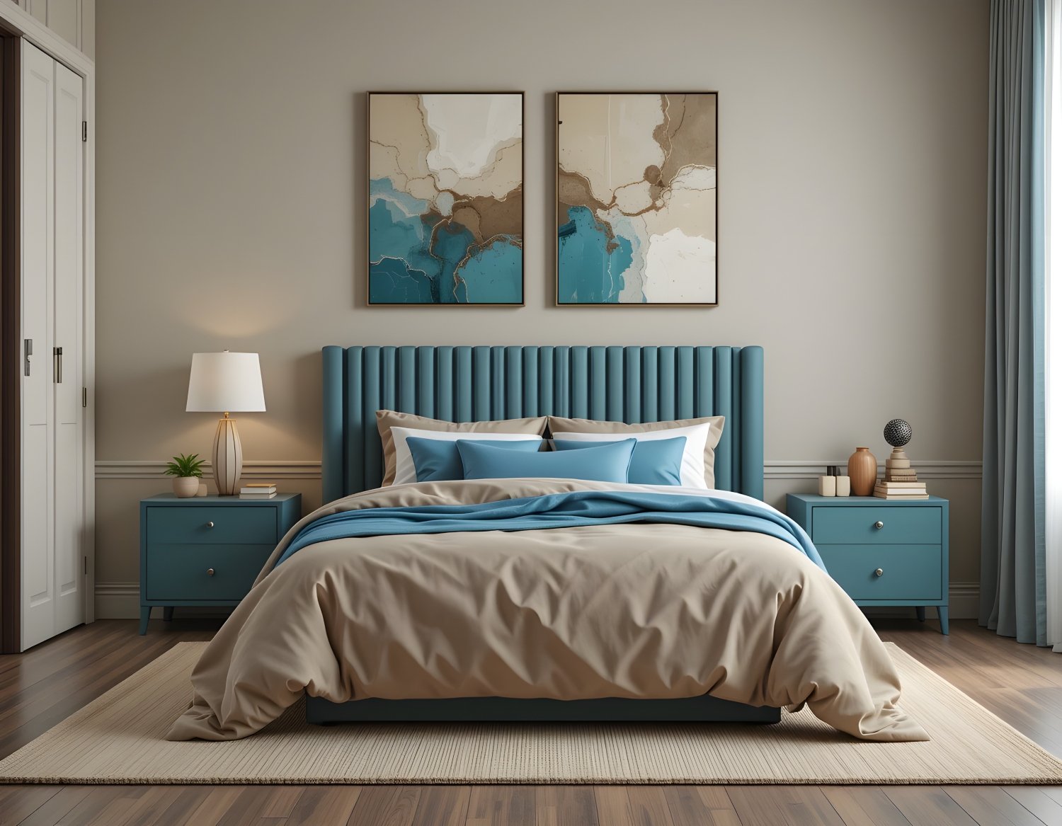 Blue Ribbed Headboard Abstract Marble Art