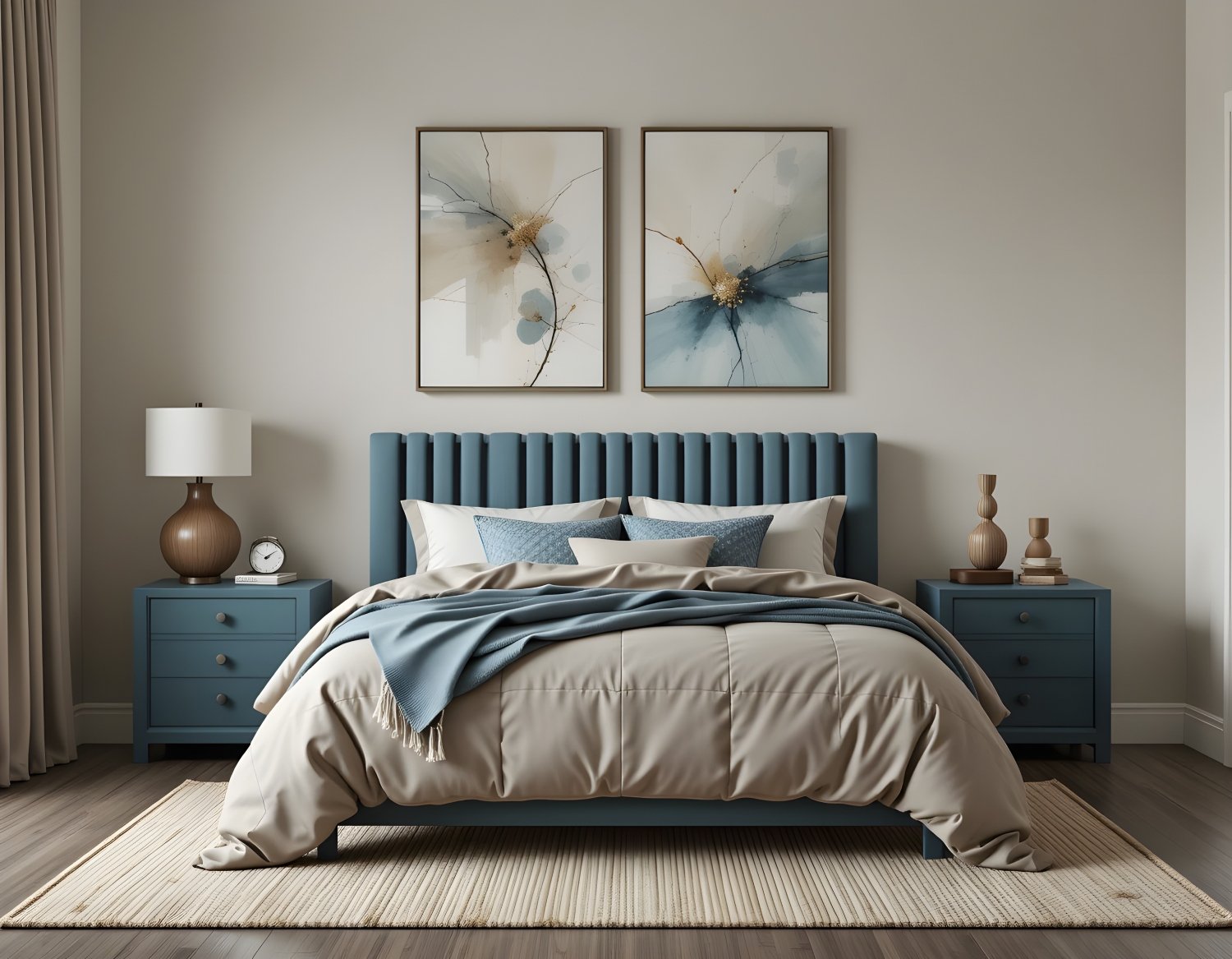 Blue Ribbed Headboard Floral Abstract Bedroom