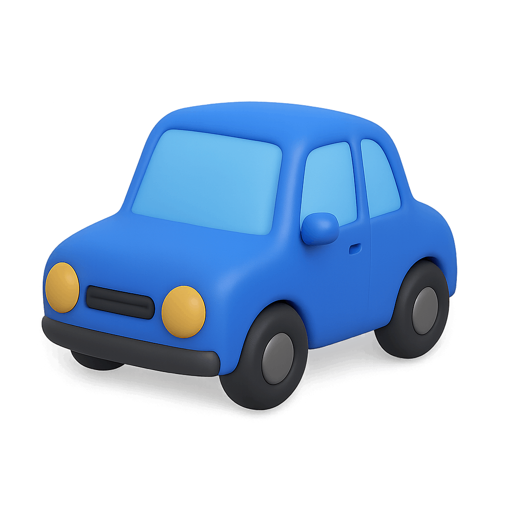 Blue Toy Car Illustration with Yellow Headlights on Transparent Background