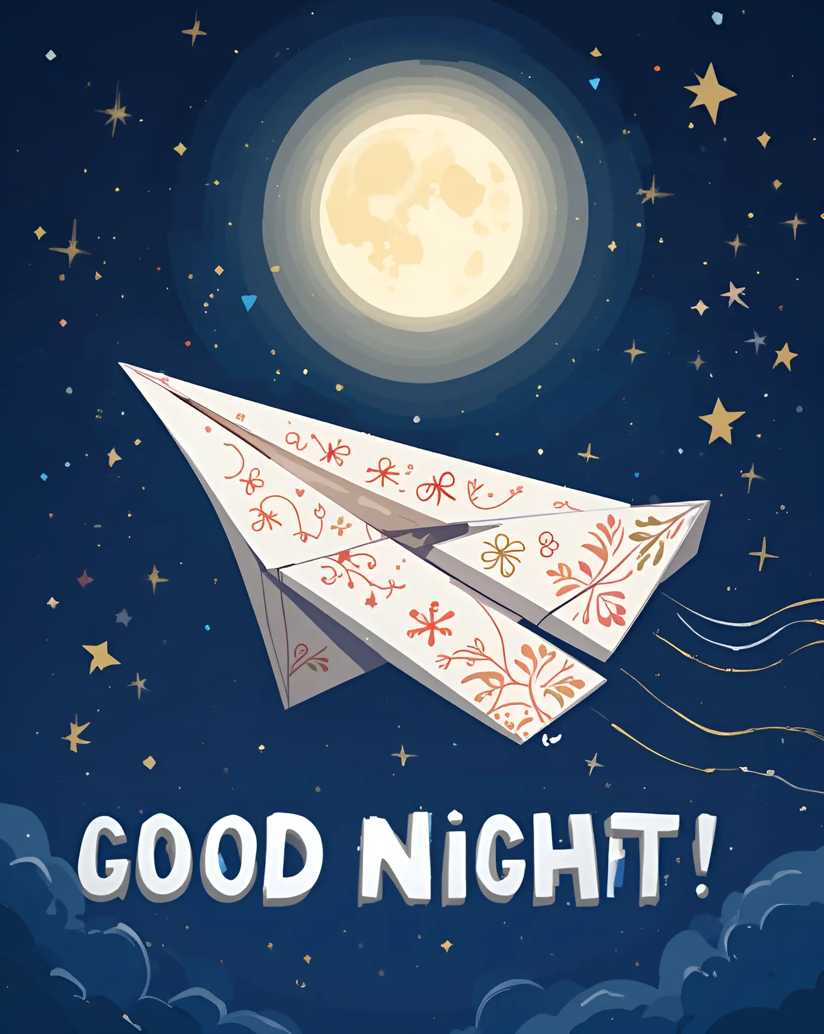 Whimsical Nighttime Scene with Paper Airplane and Starry Sky