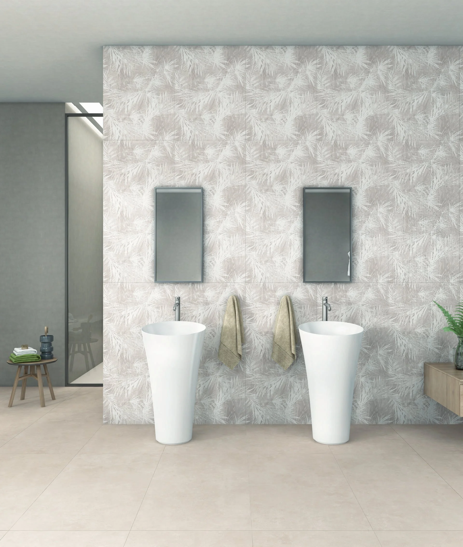 Botanical print accent wall in a modern bathroom design.