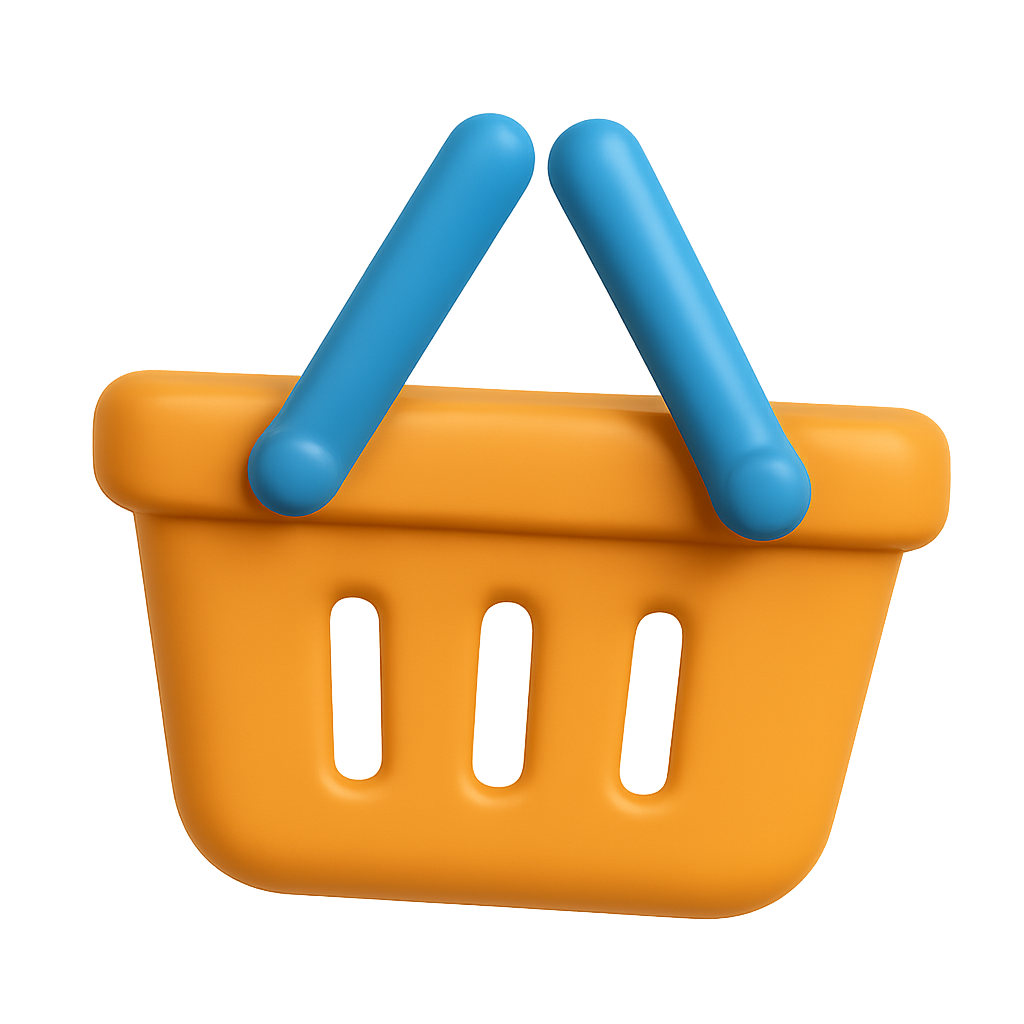 Bright 3D Shopping Basket Icon in Orange and Blue for Digital Design