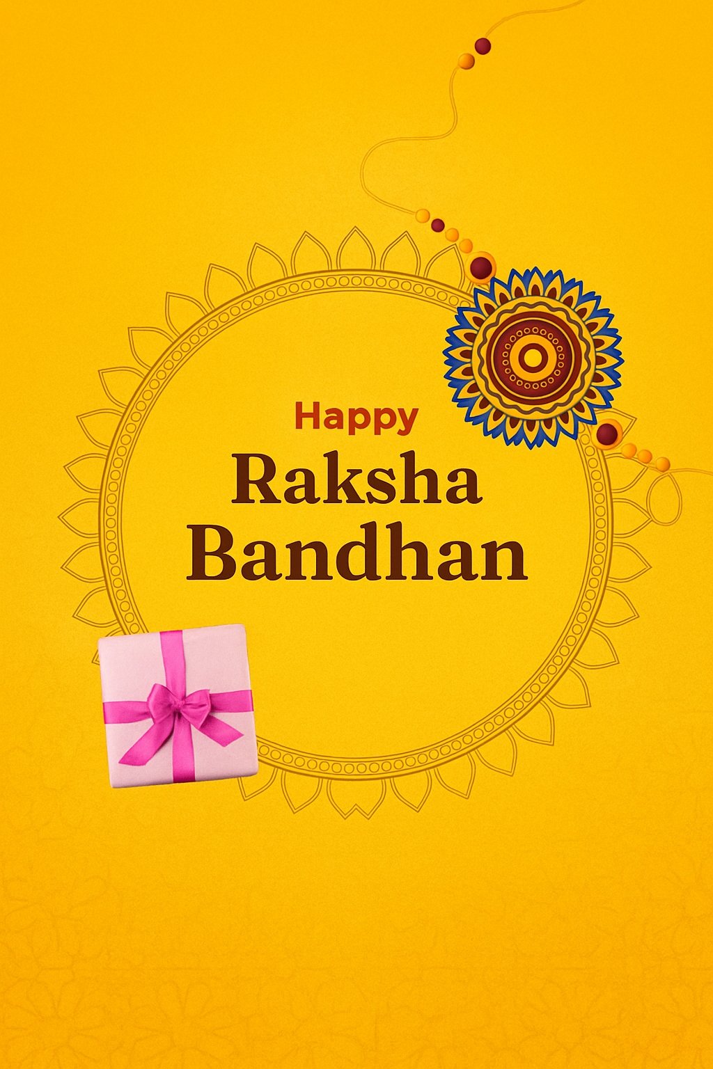 Bright Decorative Raksha Bandhan Greeting Card with Gift Box and Traditional Rakhi