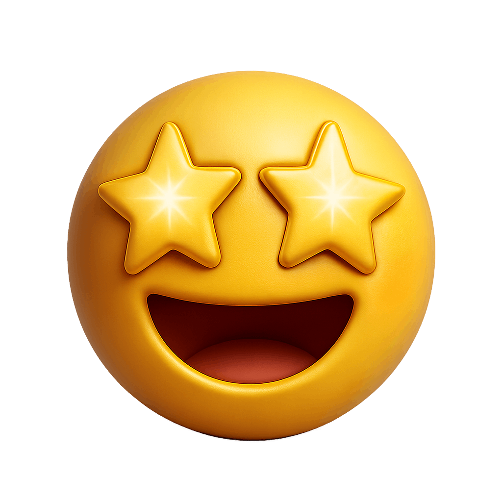 Bright Smiling Emoji with Star Eyes on Transparent Background