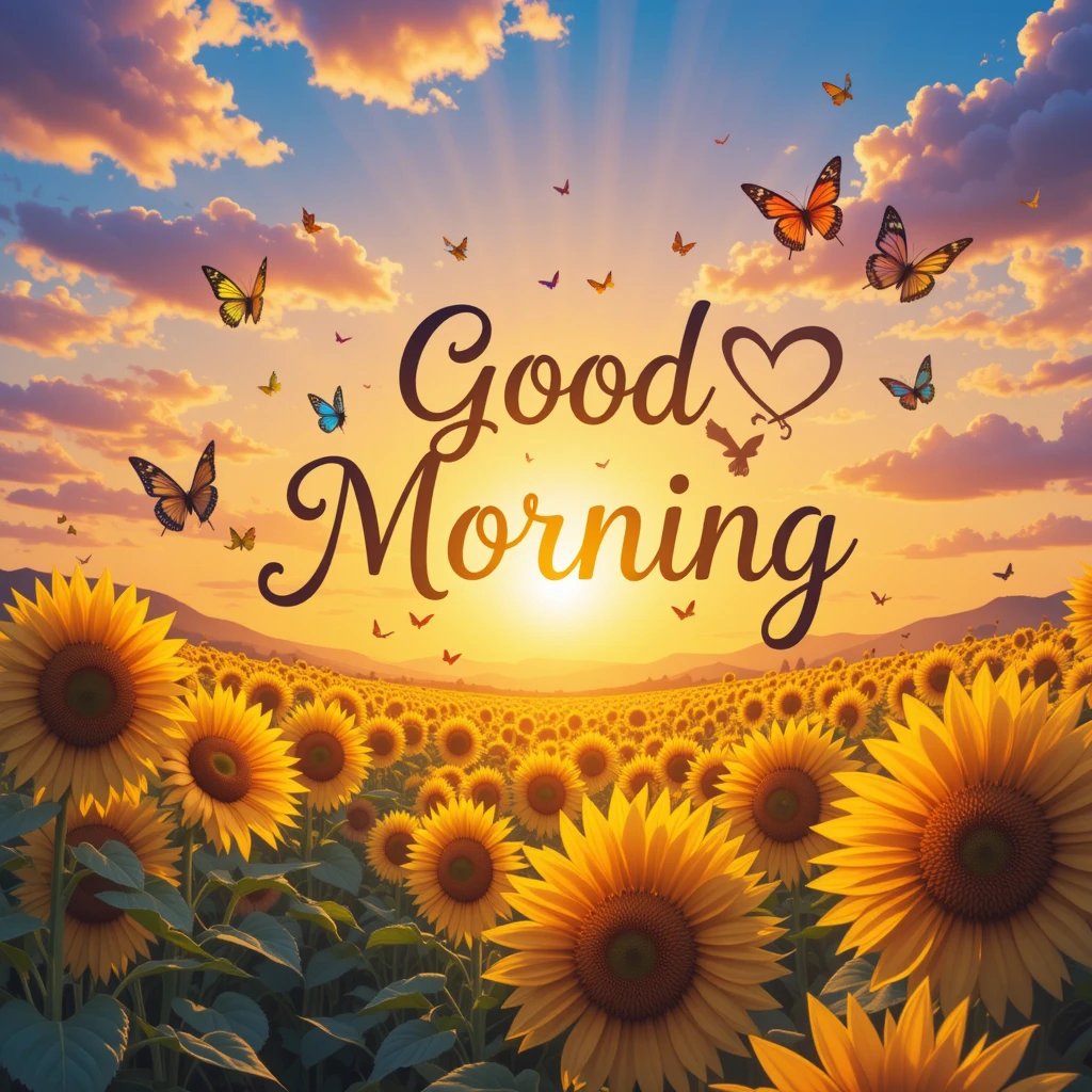 Bright Sunny Morning with Sunflowers and Flying Butterflies Under a Vibrant Sky