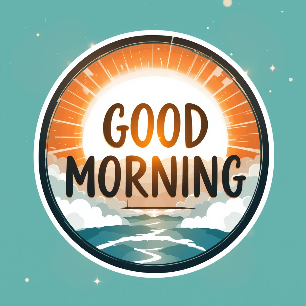 Bright Sunrise Illustration with Good Morning Text on a Peaceful Horizon