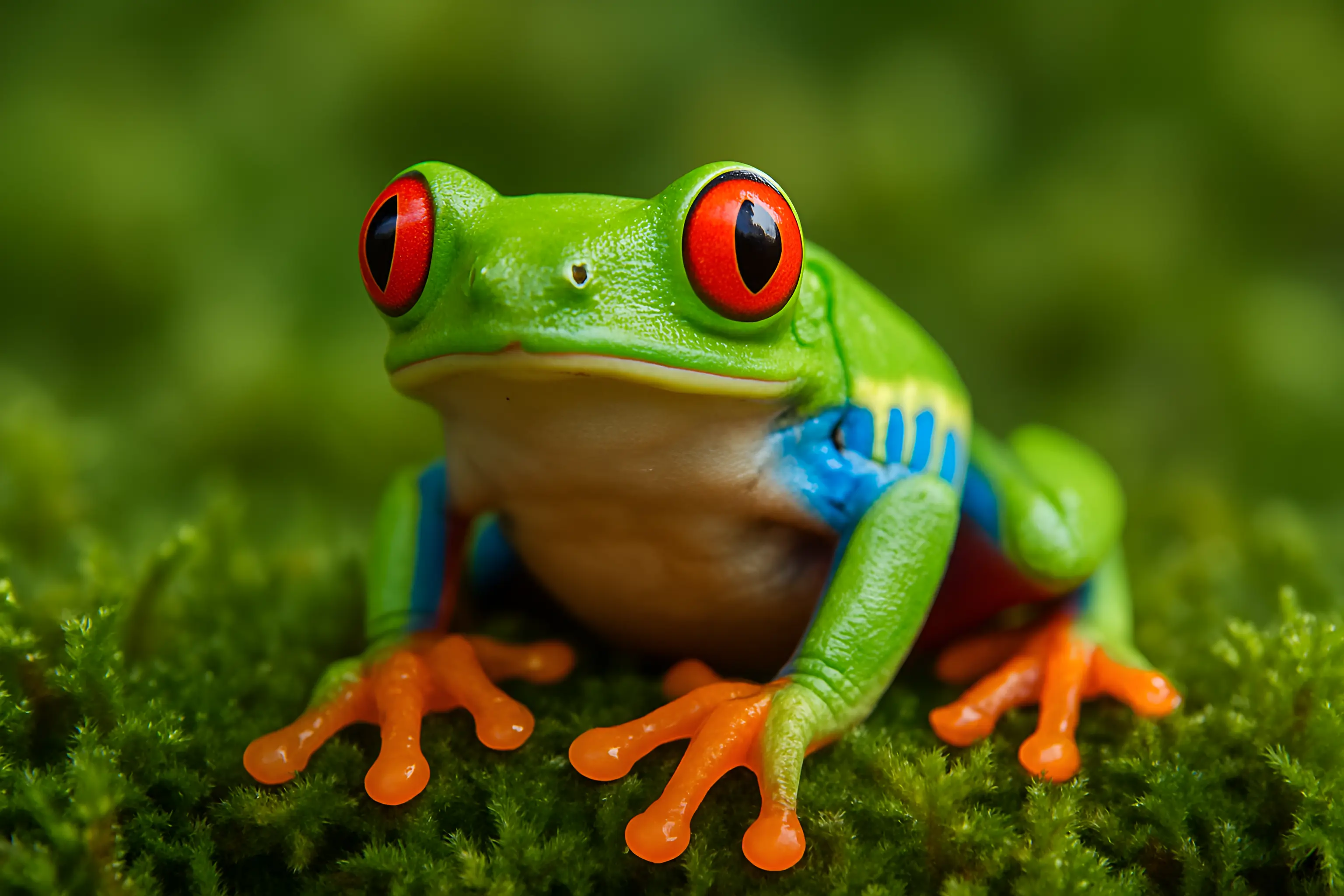 Bright Tropical Red-Eyed Frog on Green Moss in Close-Up View