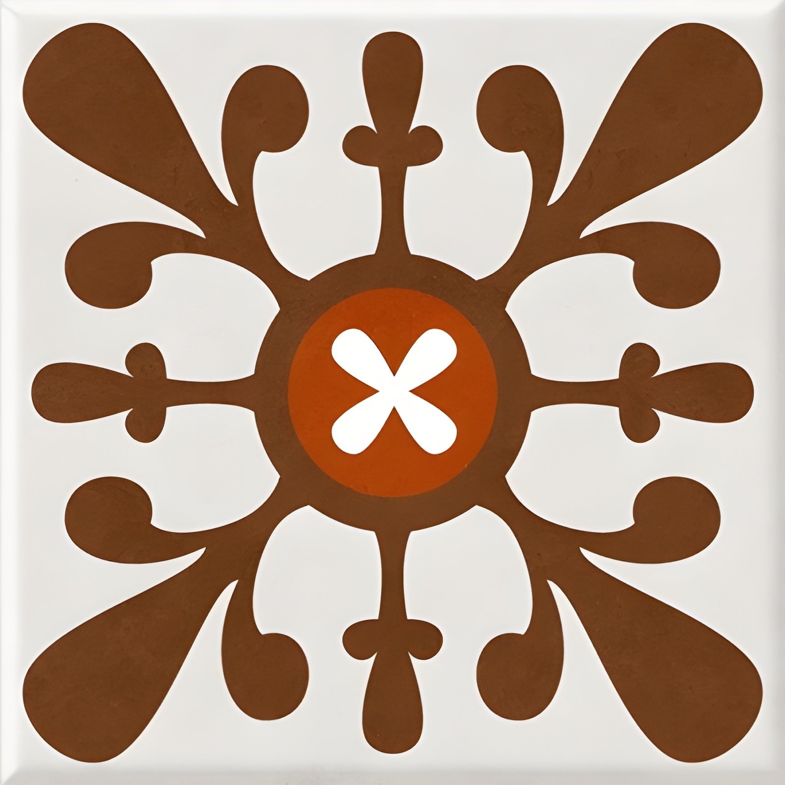 Brown Decorative Floral Tile Design With Orange Center and White Cross Accent for Interior Style