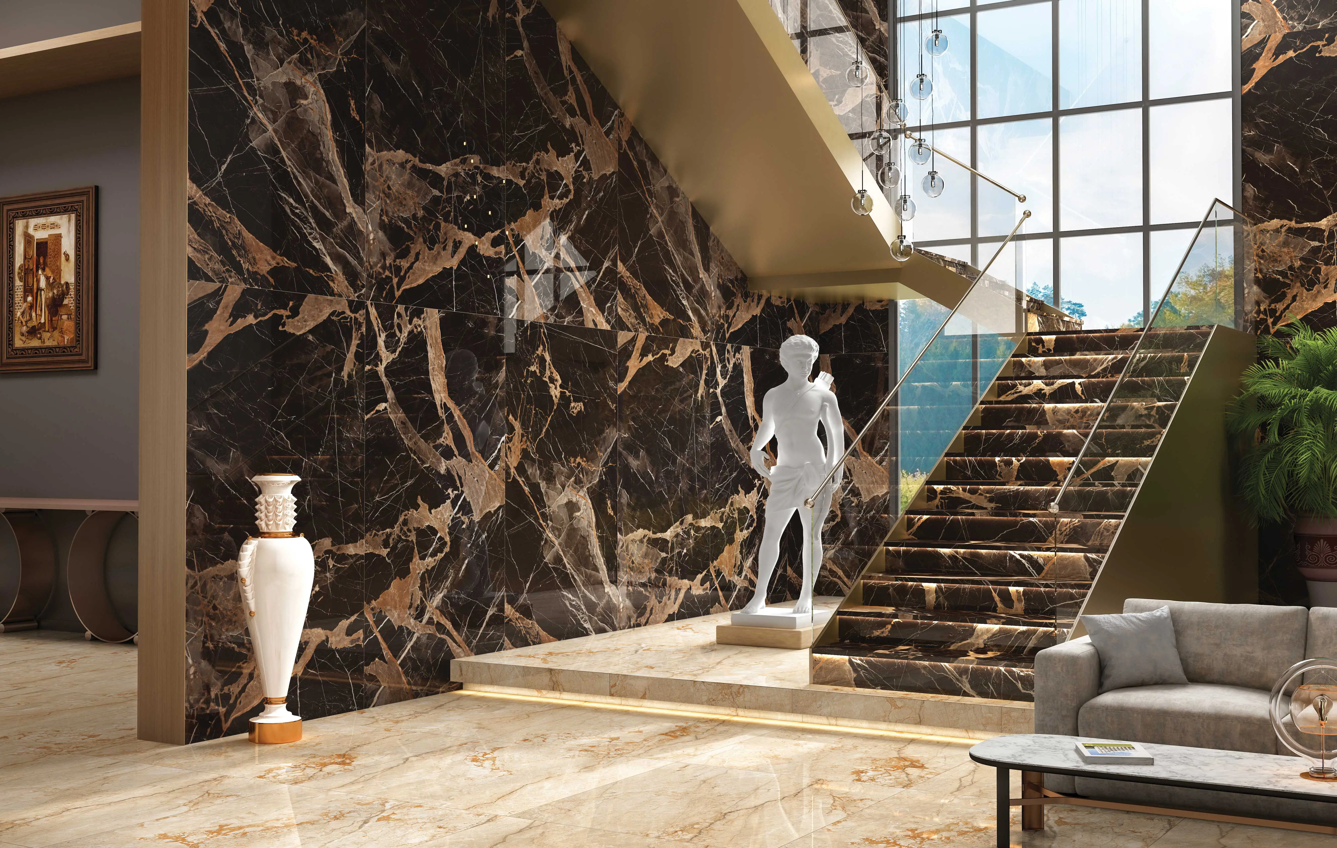 Brown & Gold Marble-Effect Vitrified Tiles in a Grand Lobby