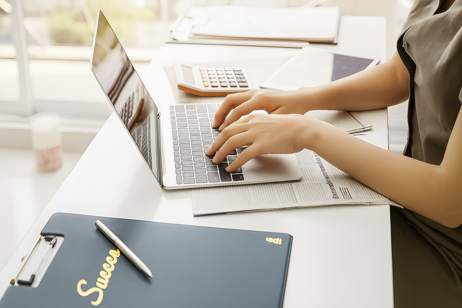 Businesswoman Typing on Laptop in Modern Office Setting