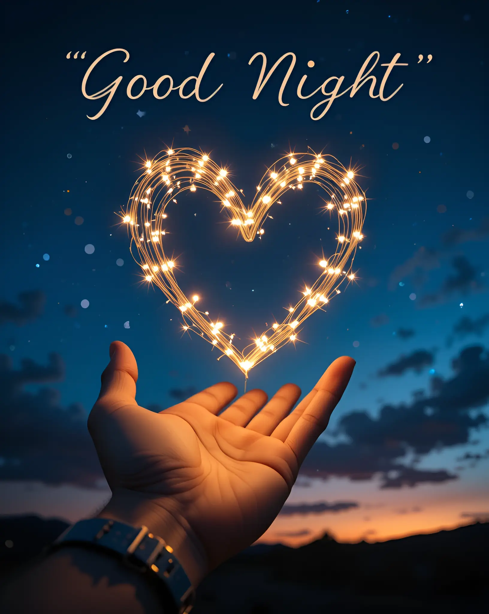 Hand Holding a Heart Shaped Light in a Twilight Sky