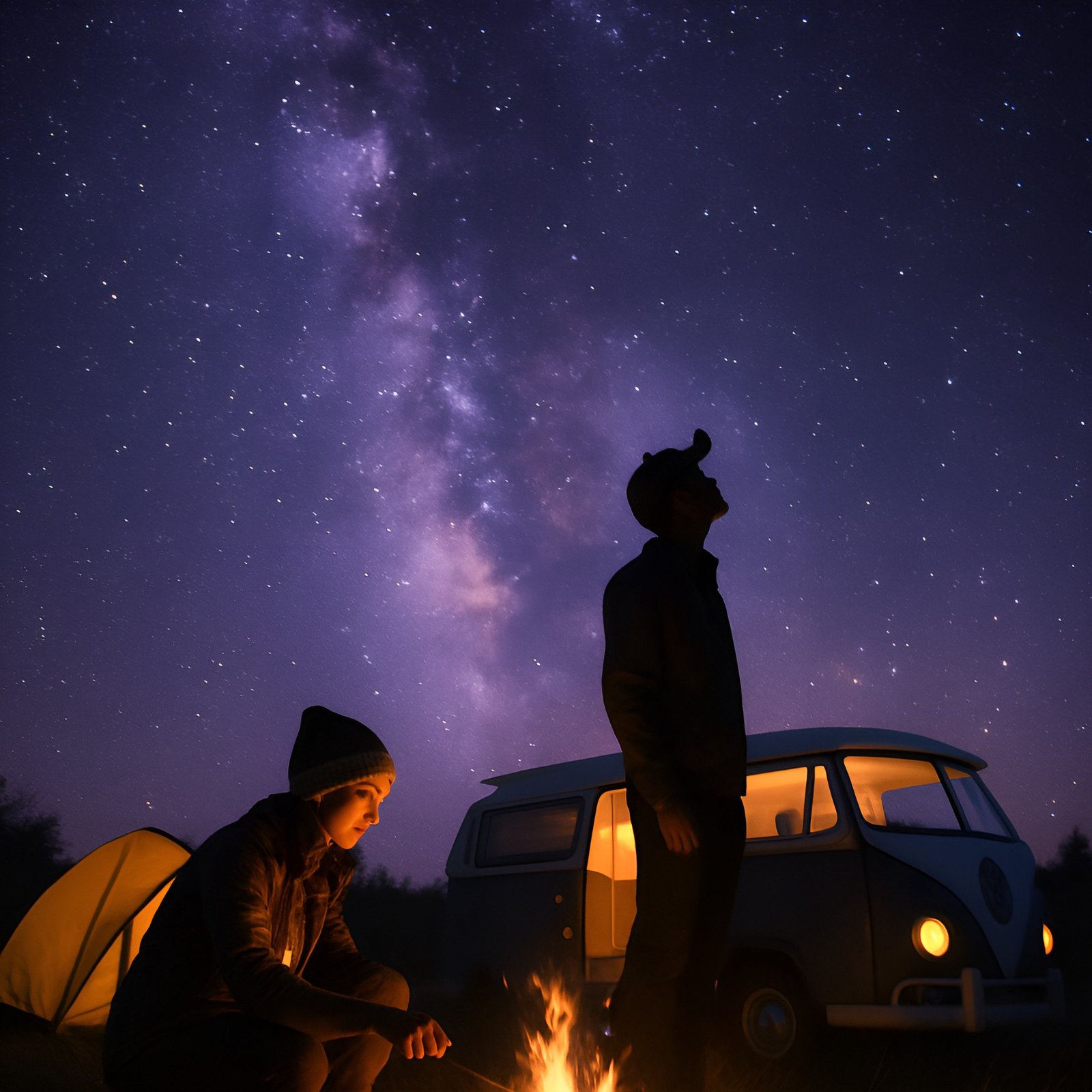 Camping Under The Milky Way With Campfire And Van