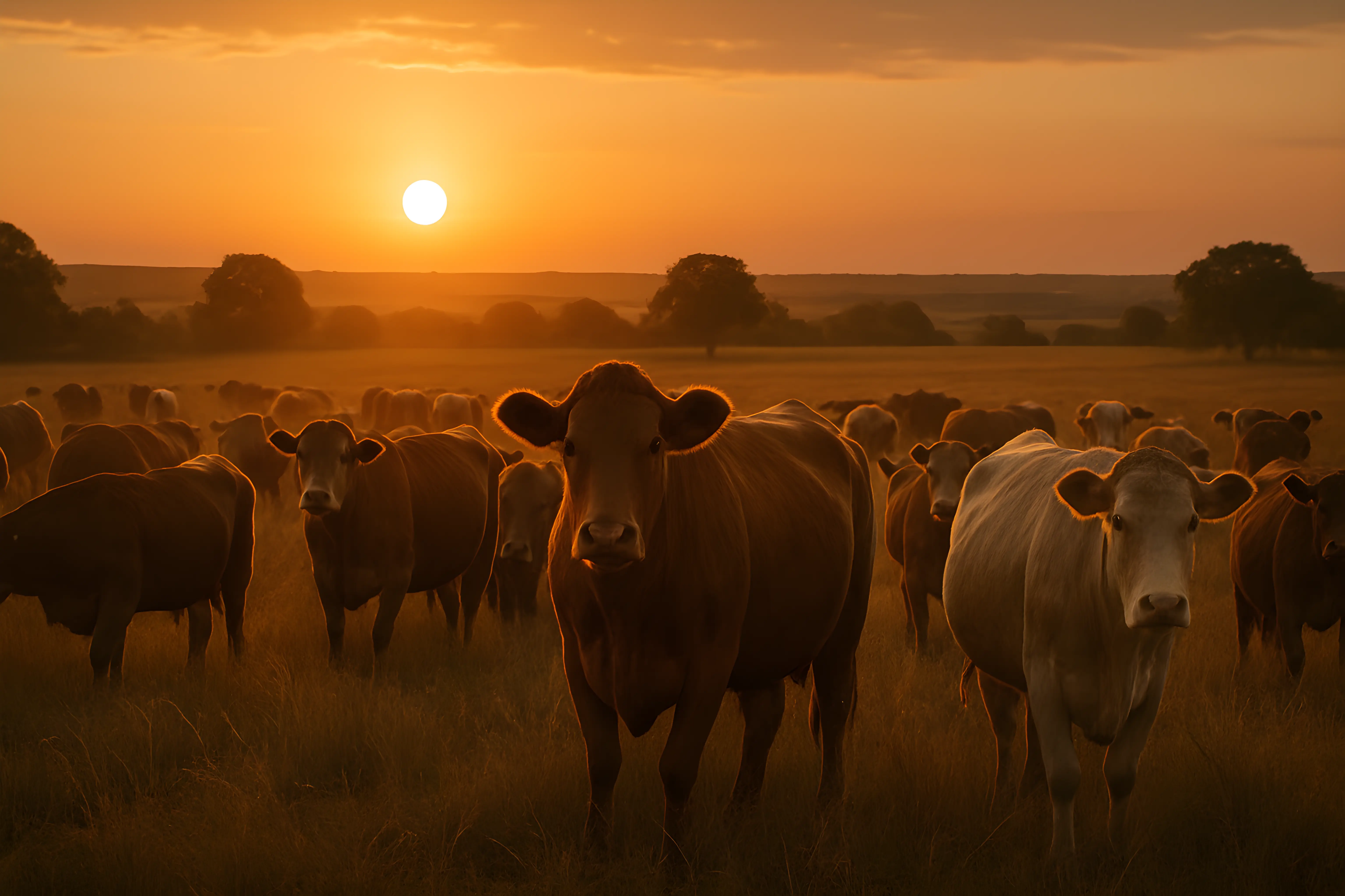Cattle Grazing in a Serene Field During a Golden Sunset