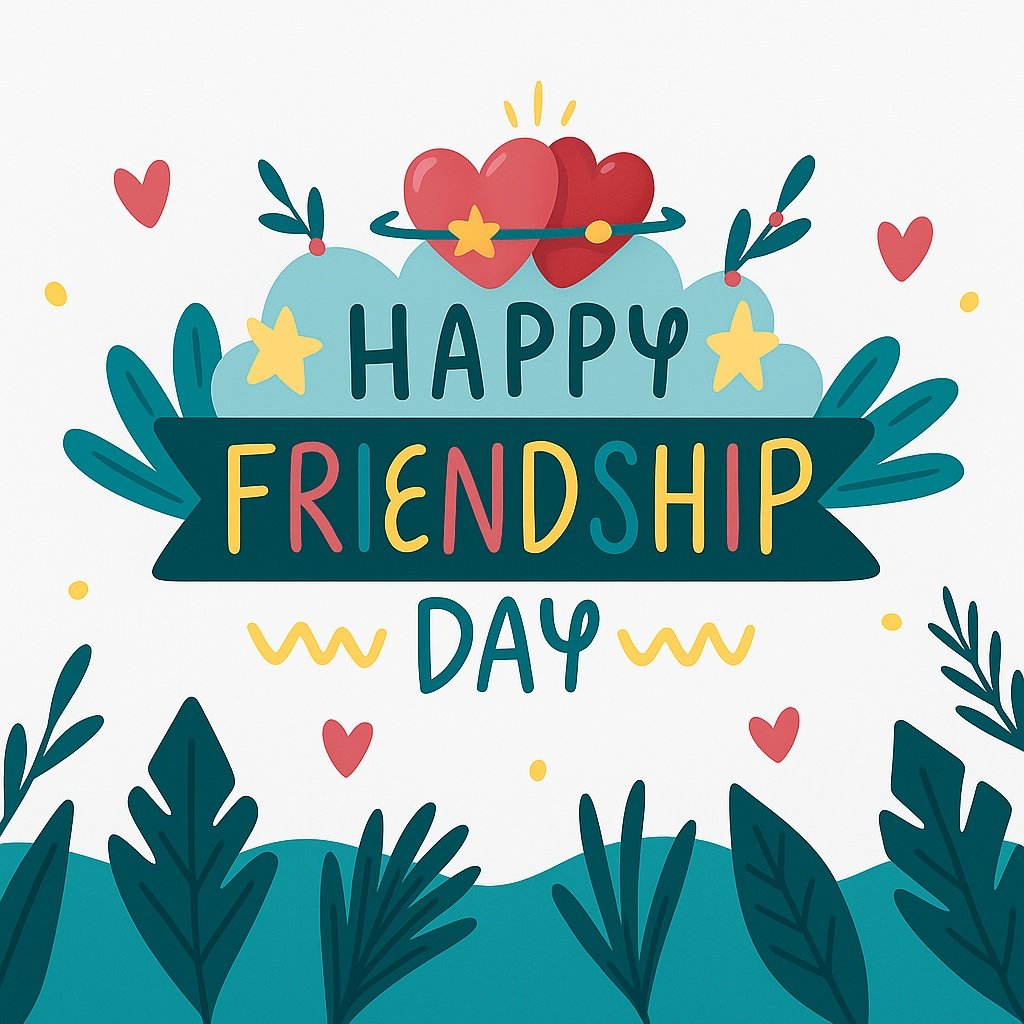 Celebrating Friendship Day with a Cheerful Greeting Card Design Featuring Hearts and Leaves