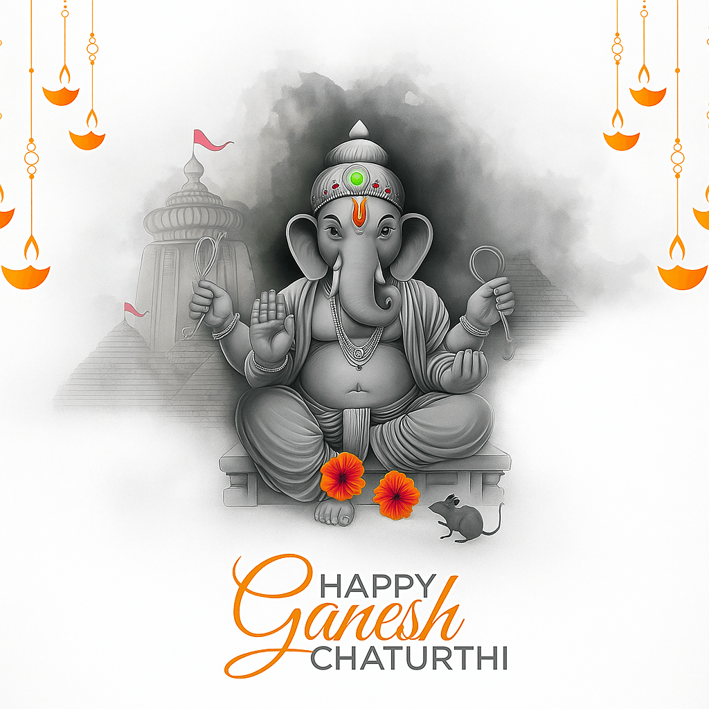 Celebratory Artwork of Lord Ganesha for Ganesh Chaturthi Festival with Religious Decorations