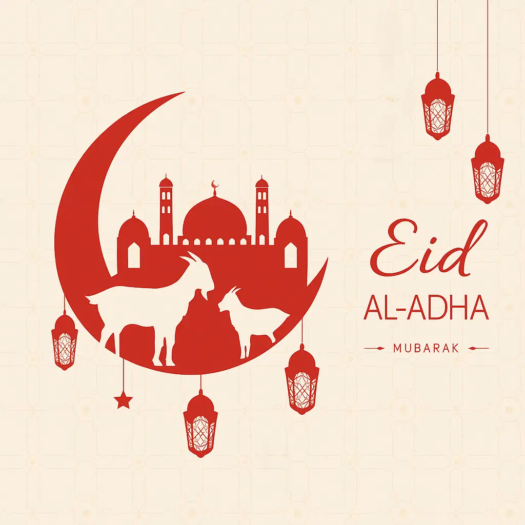 Celebratory Eid al-Adha Design Featuring Mosque, Crescent Moon, and Goat Silhouettes