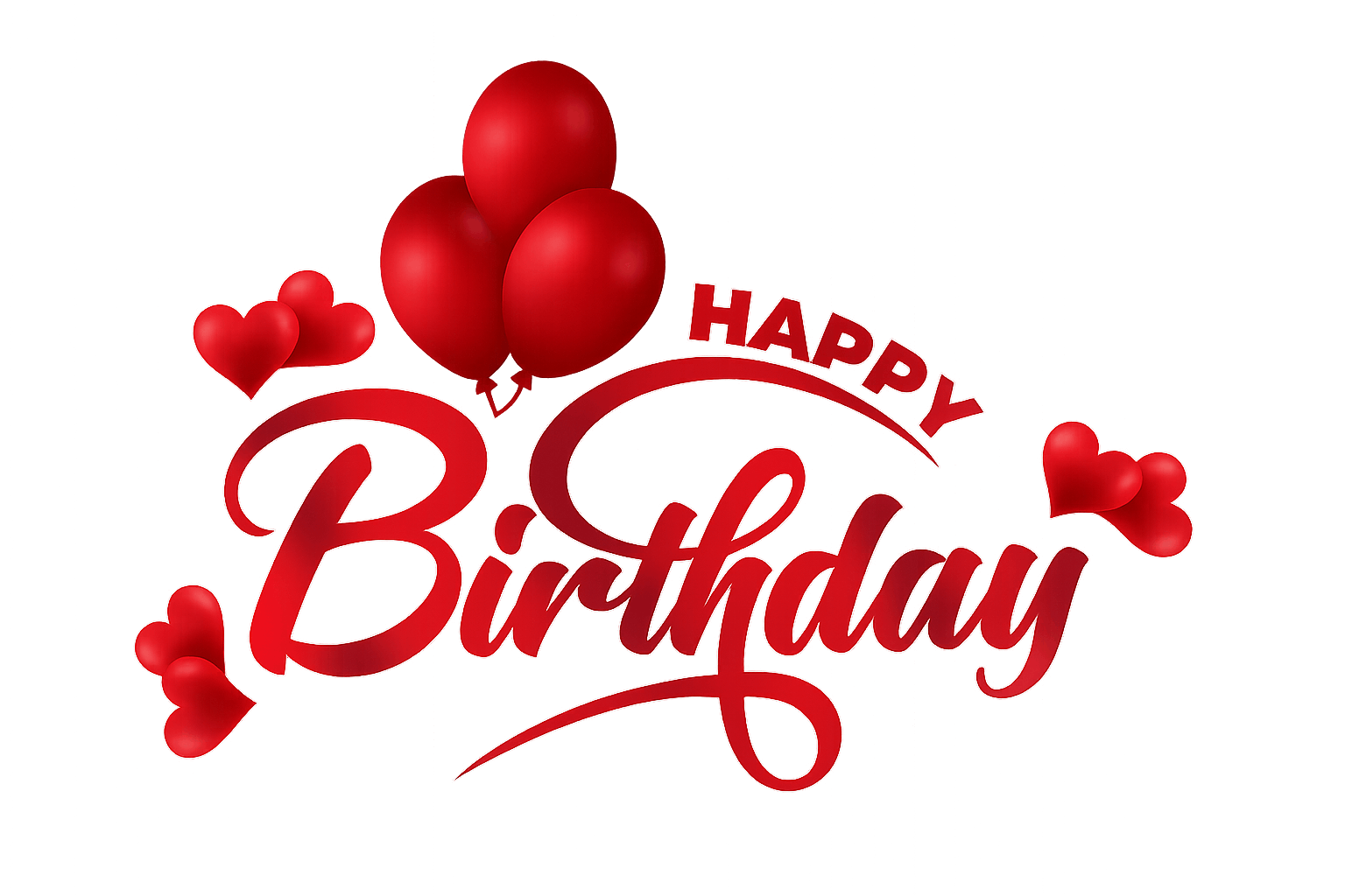 Celebratory Happy Birthday Design with Red Balloons and Hearts on Transparent Background