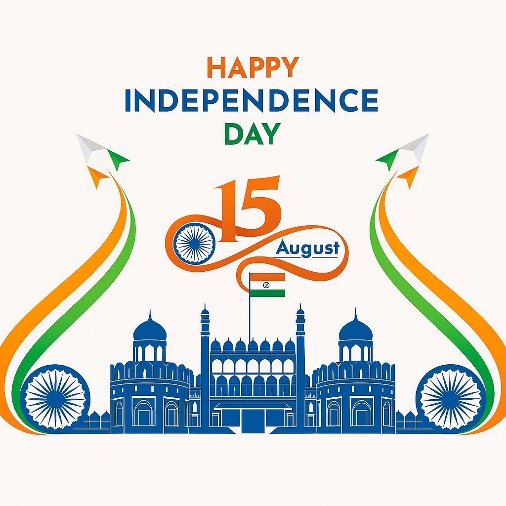 Celebratory Indian Independence Day Design with Flag and Historical Architecture