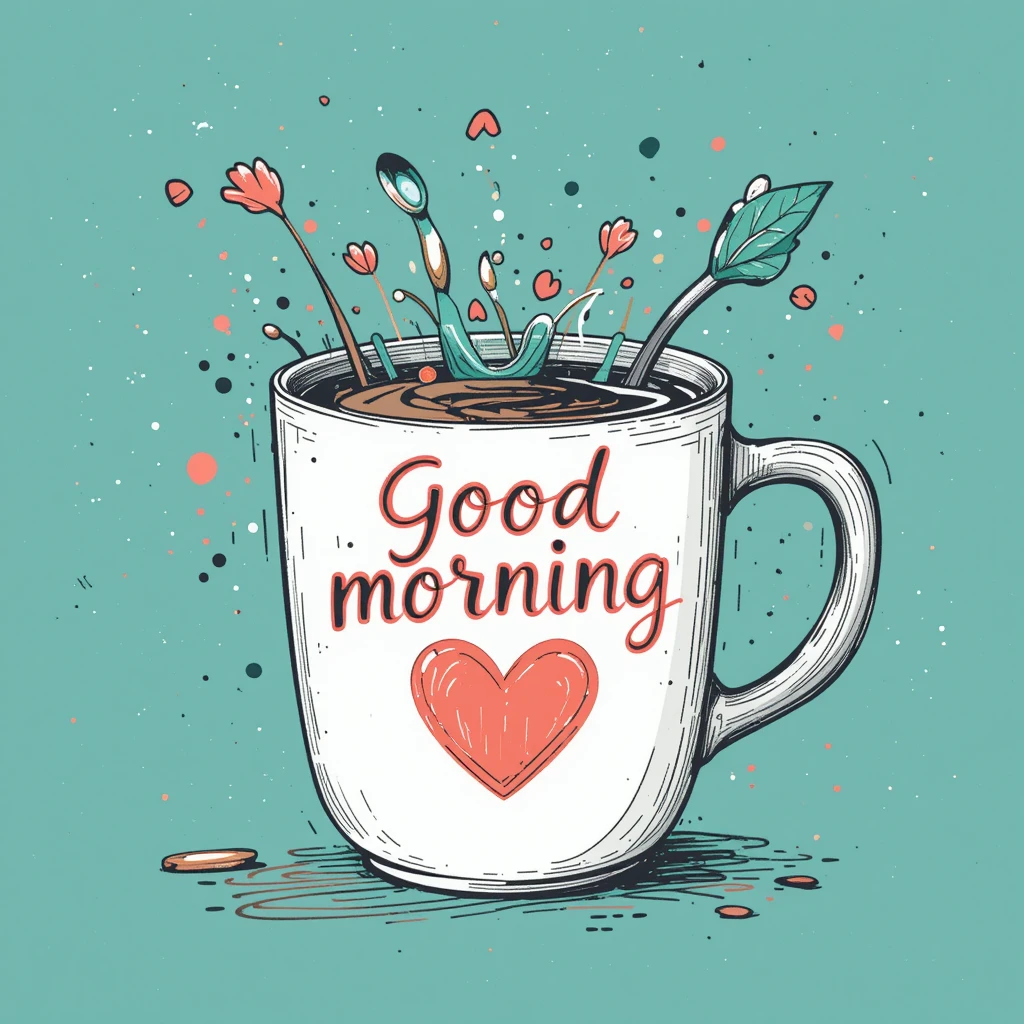 Charming Coffee Mug Design with Good Morning Message and Decorative Details