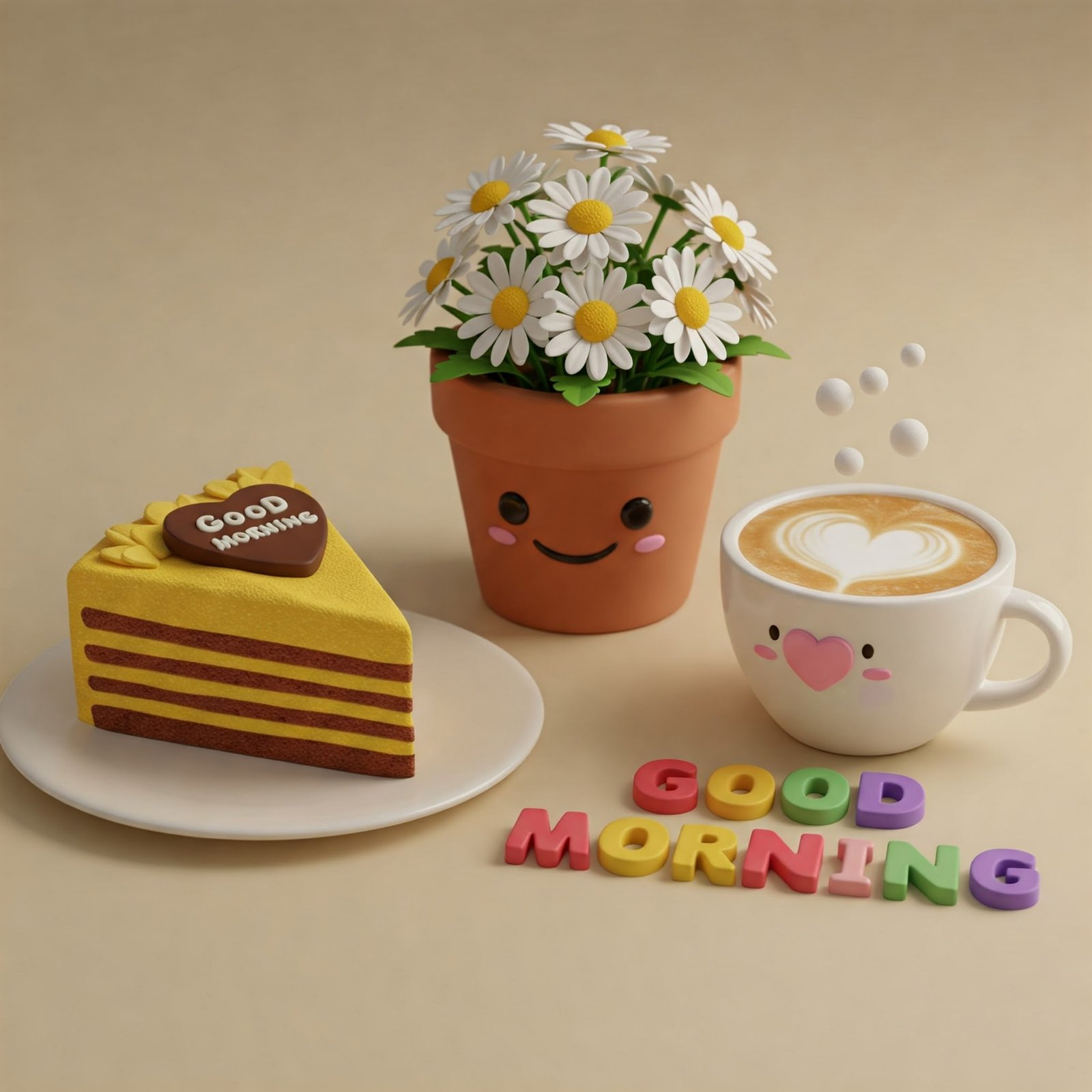 Cheerful Morning Scene Featuring Coffee, Cake, Daisies, and the Message Good Morning