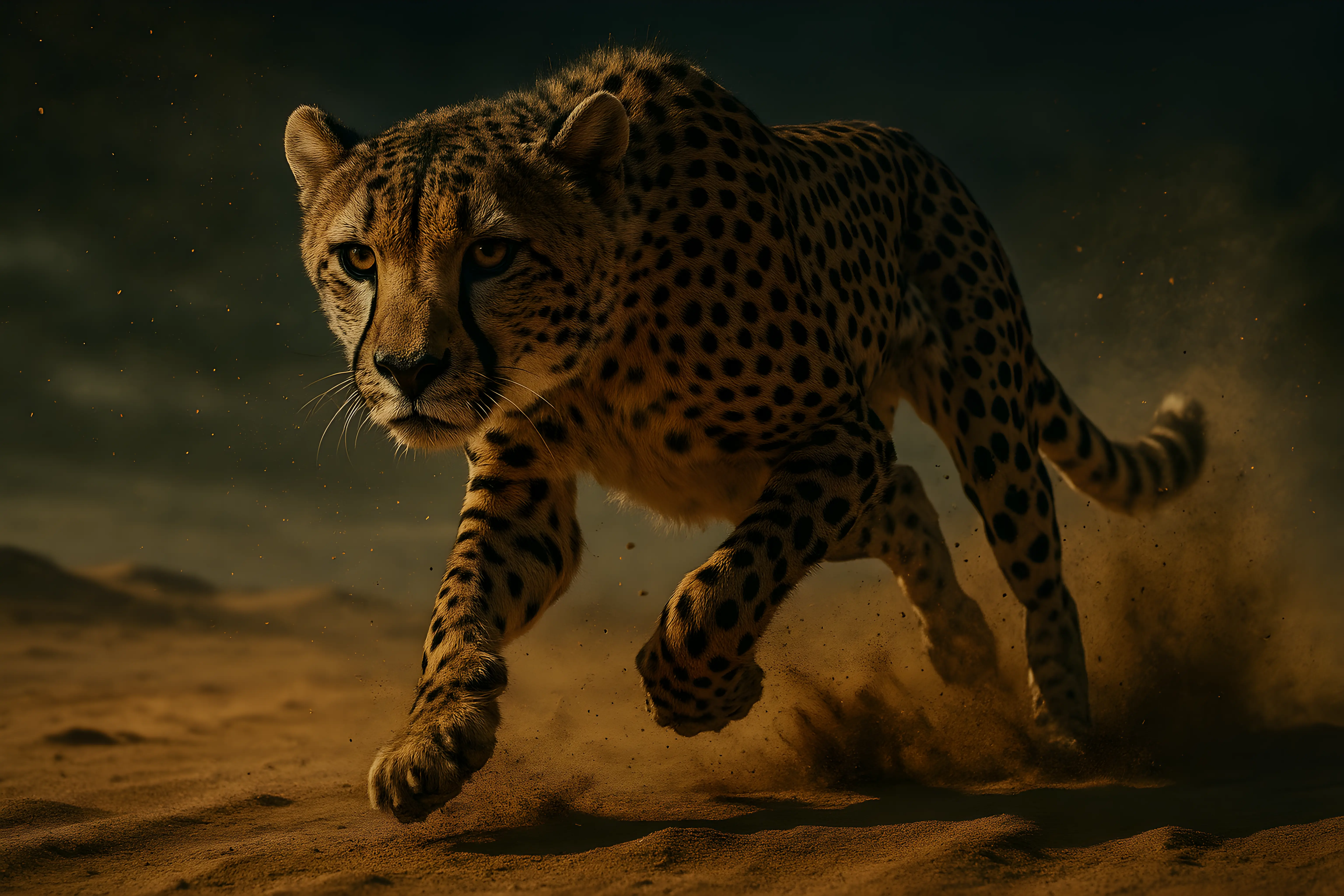Cheetah Running Across Desert During Dusk Capturing Speed and Agility