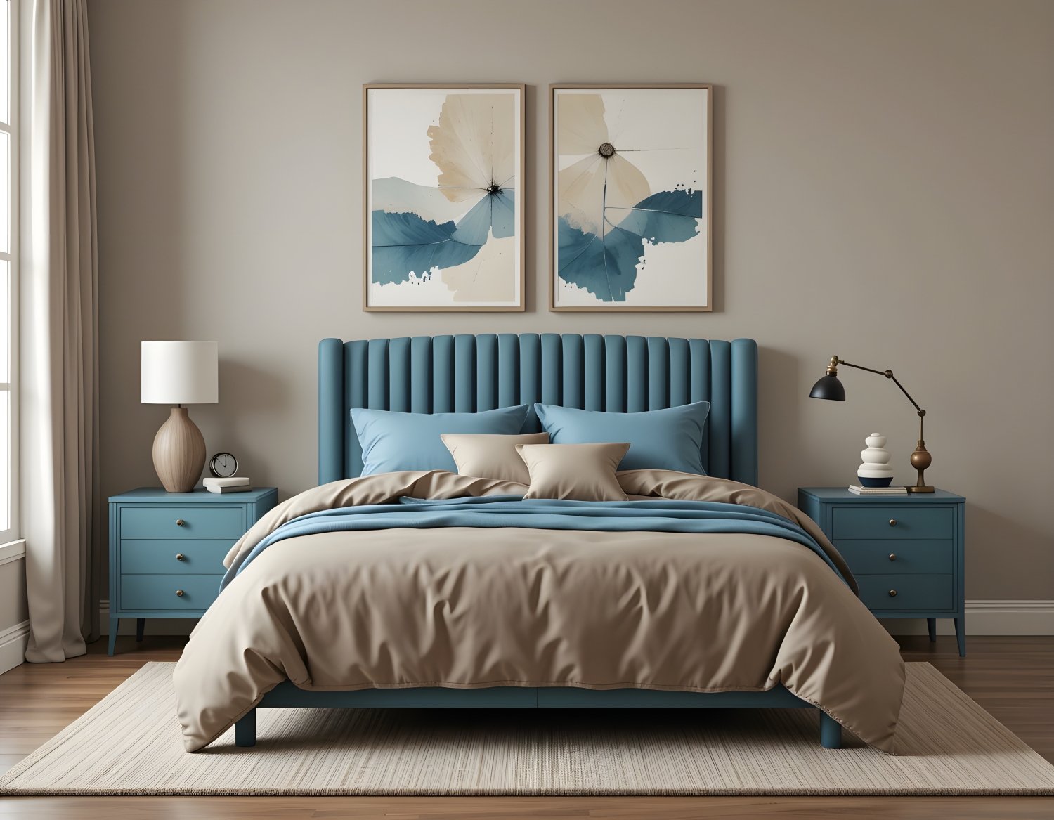 Chic Blue Ribbed Headboard Bedroom Interior