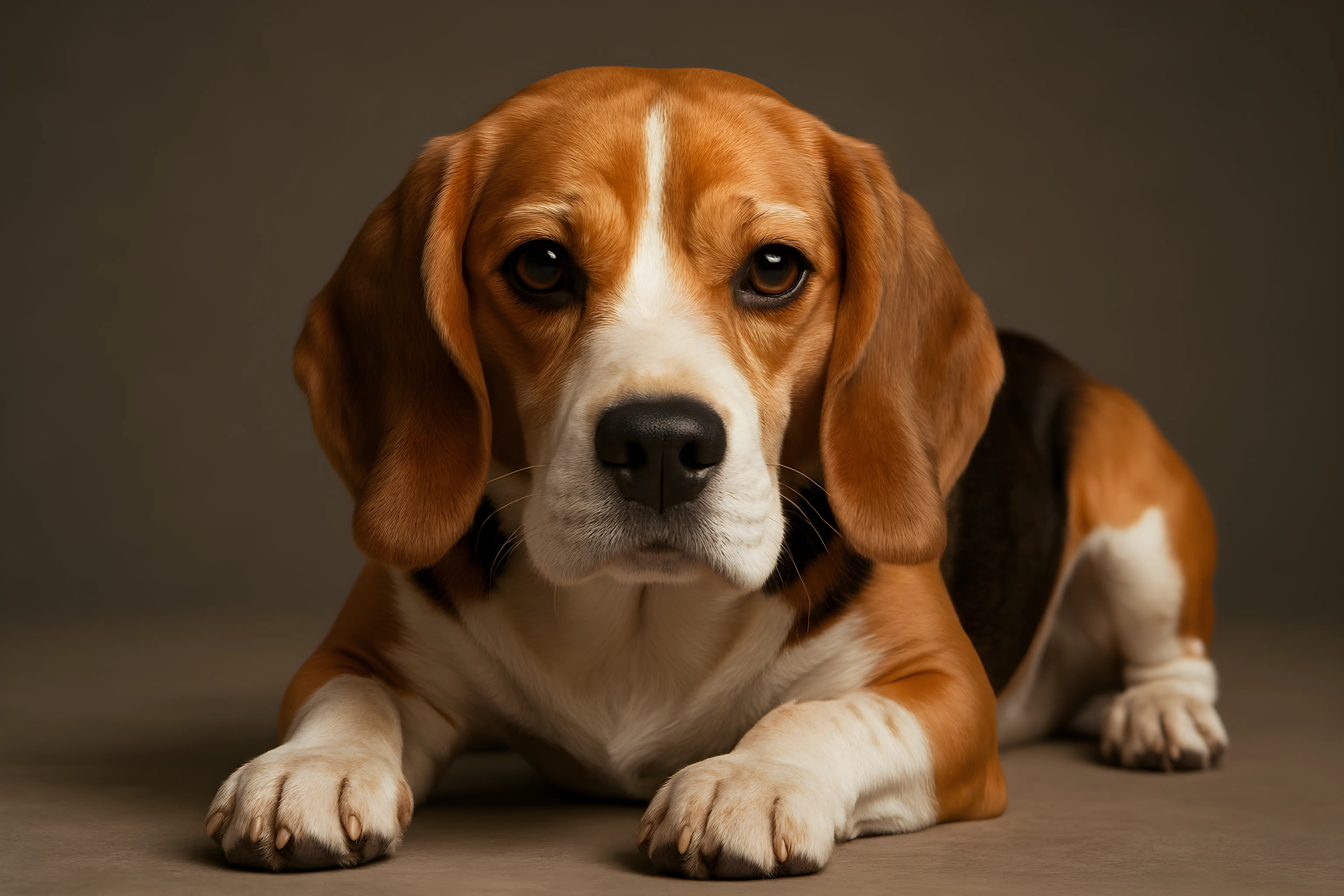 Close-Up of a Beagle Dog Relaxing Against a Neutral Background