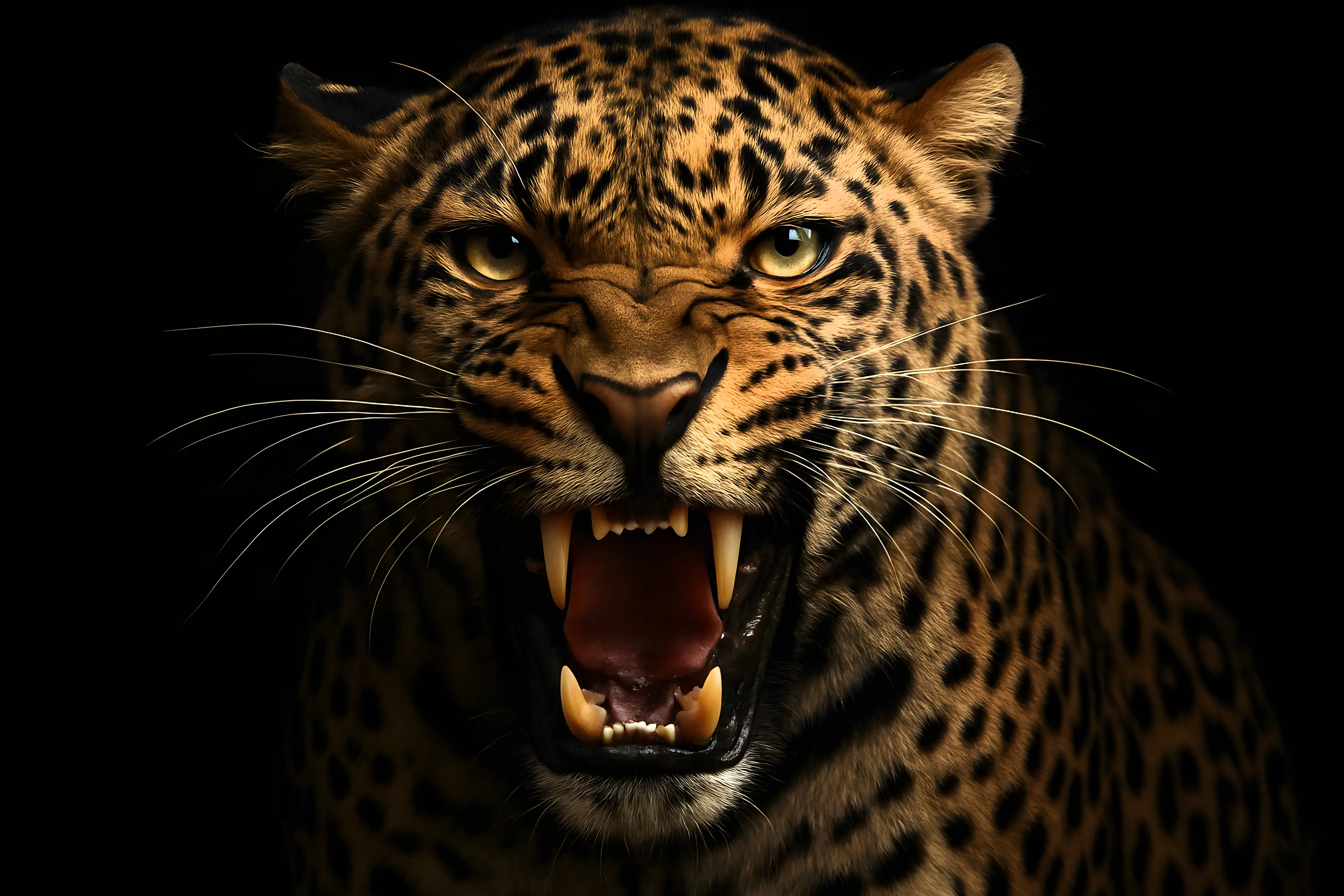 Close-Up of a Fierce Leopard Growling in the Darkness