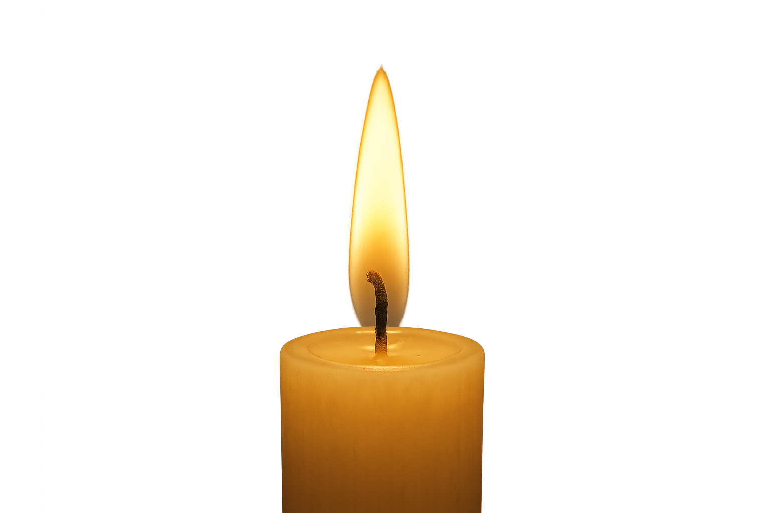 Close-Up Of A Single Candle Flame On A Warm Wax Pillar In Darkness