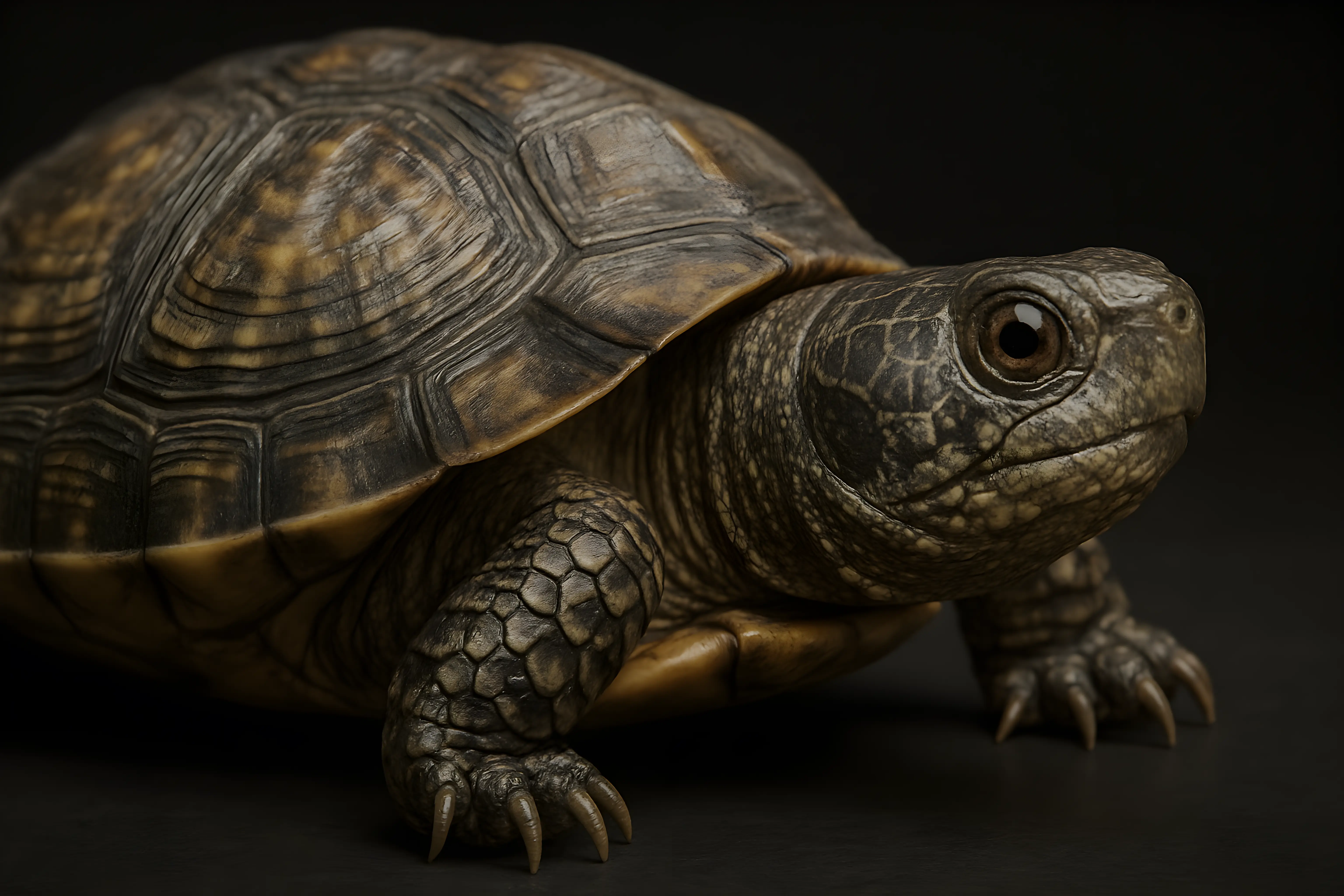Close-Up of a Turtle on a Black Background Featuring Intricate Shell Details
