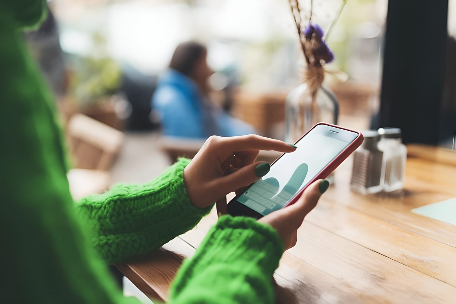 Close-Up of Hands Using a Smartphone at a Cafe