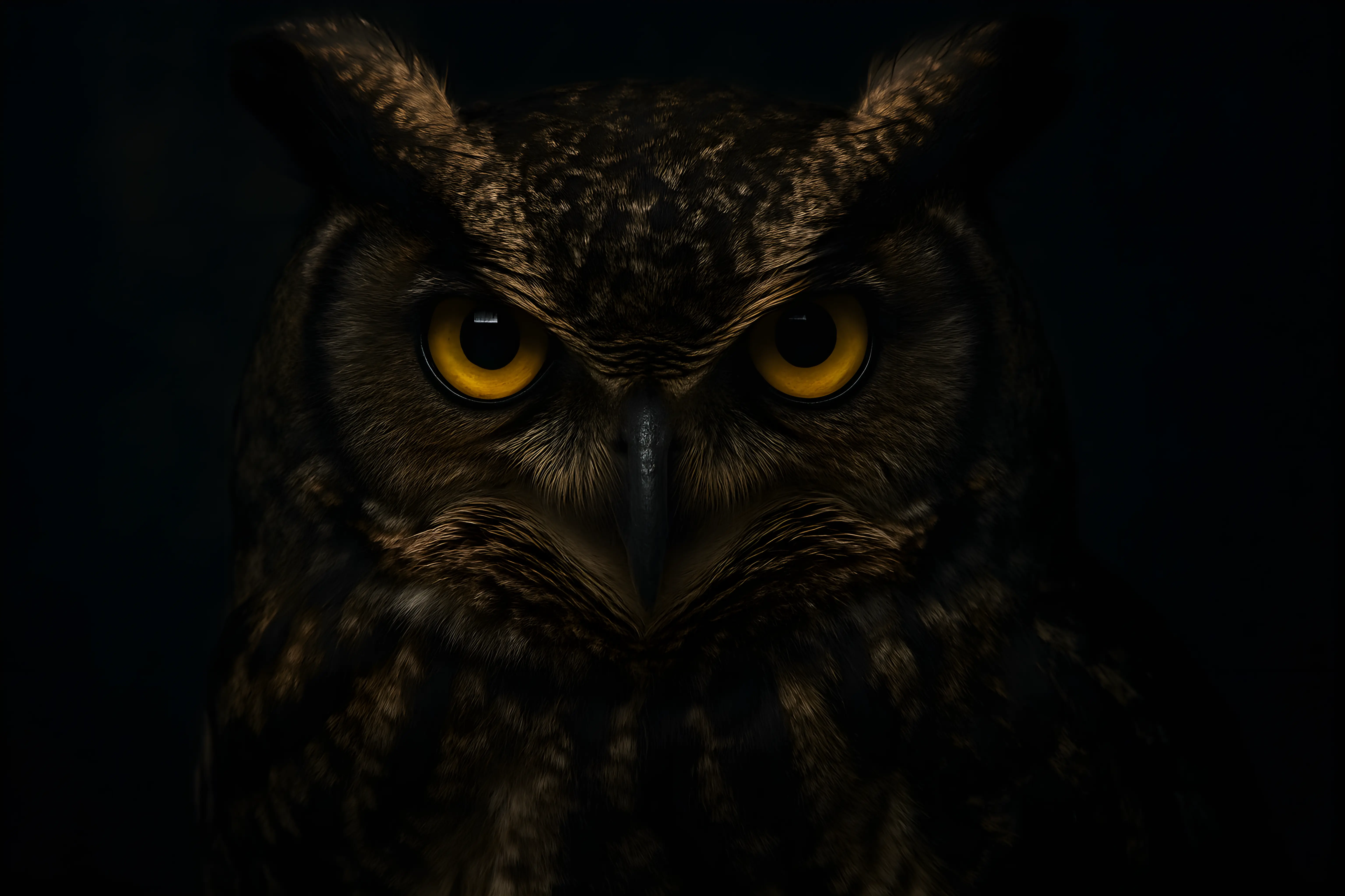 Close-Up of Majestic Owl with Intense Gaze in Dark Lighting