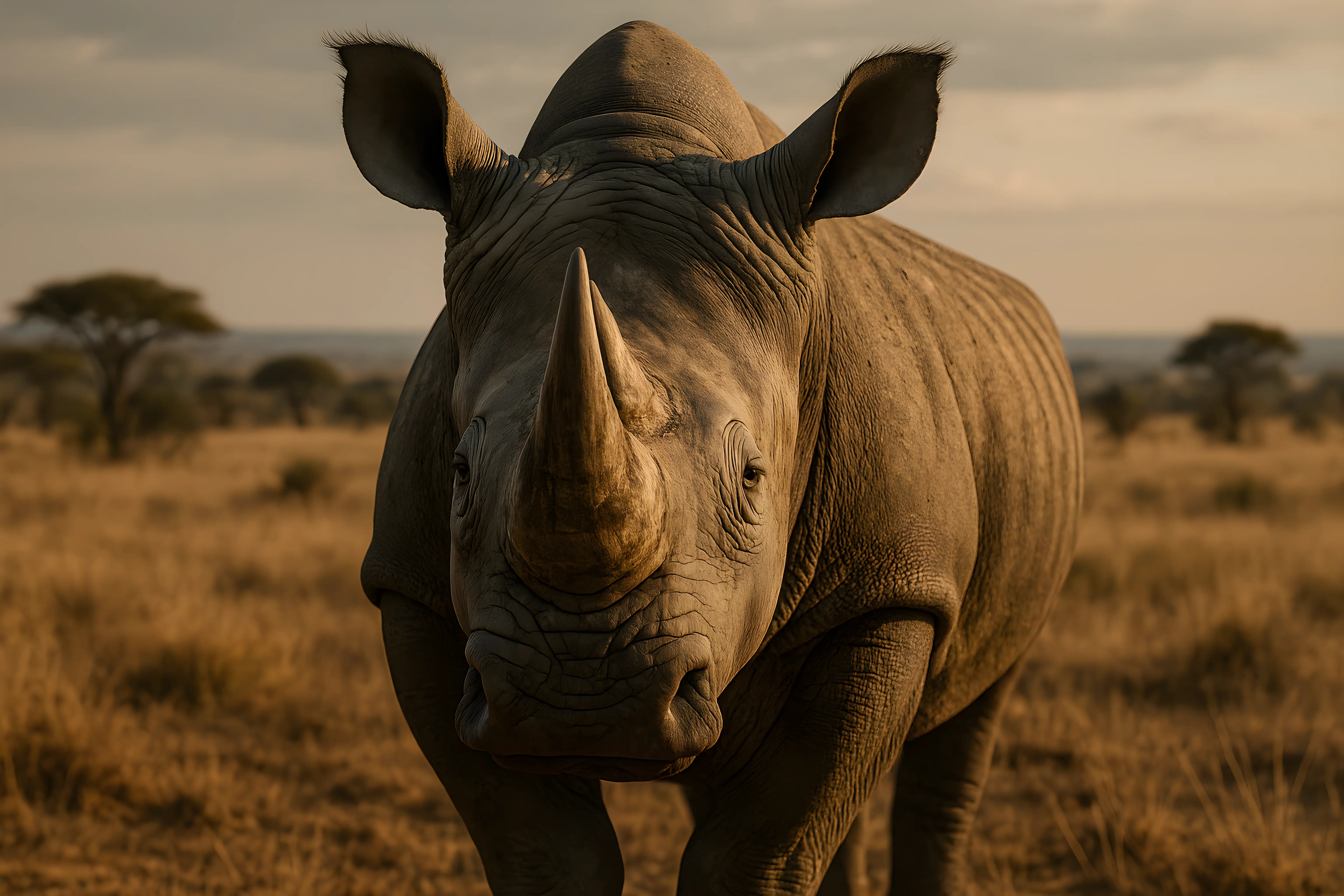 Close-Up of Rhino in African Savanna During Golden Sunset